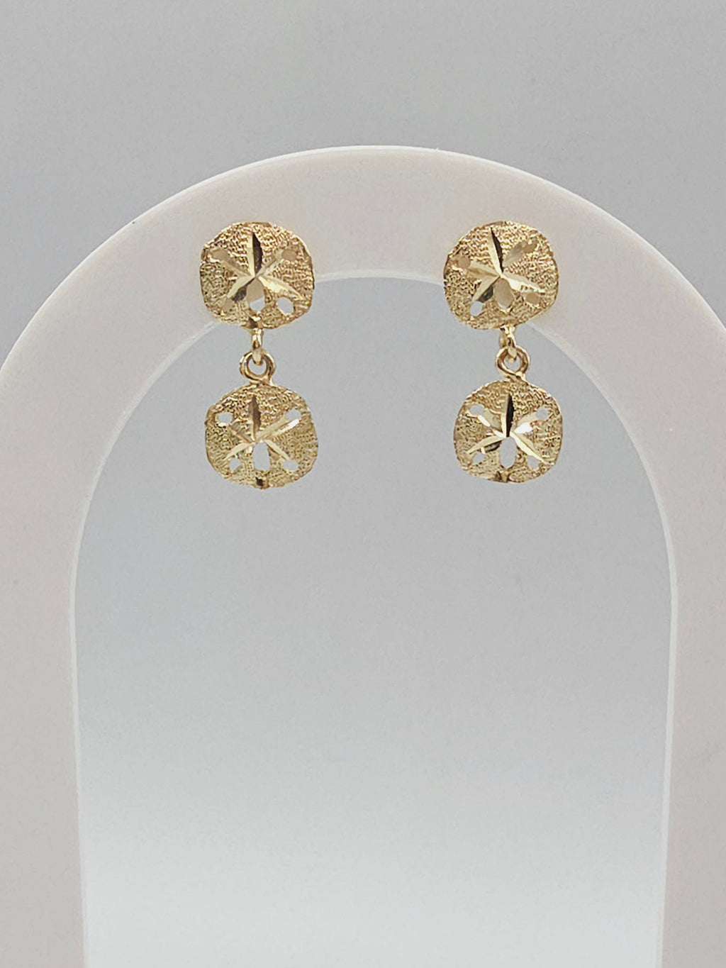 Solid 14K Yellow Gold Sand Dollar Dangle Drop Earrrings Beach