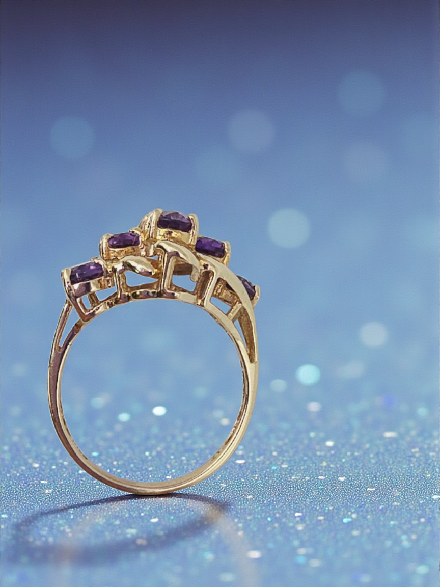 Solid 10K Yellow Gold Ring with Amethyst Cluster- Size 6