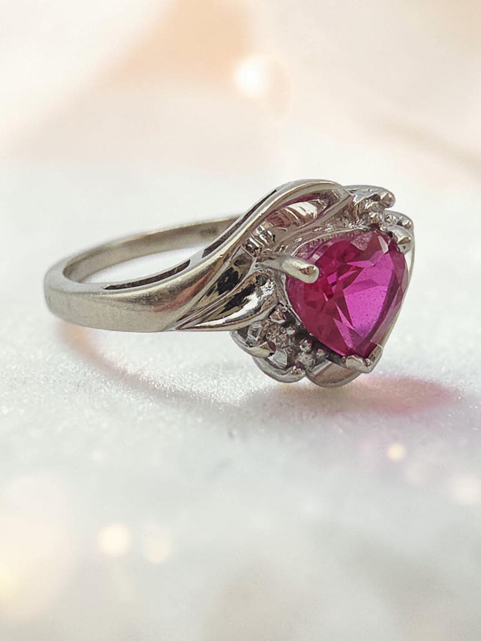 Solid 10K White Gold Heart Ruby Ring with White Topaz Accents - Size 6.75