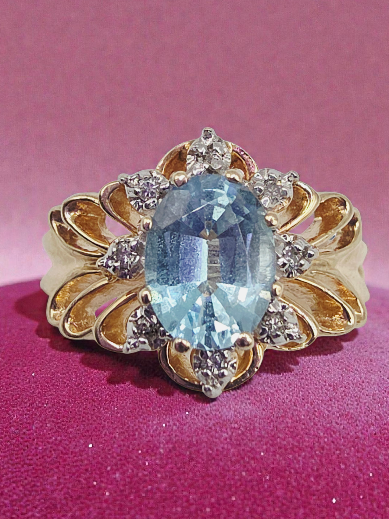 Solid 10K Yellow Gold Ring with Blue Topaz & Diamond Accents - Size 7.75