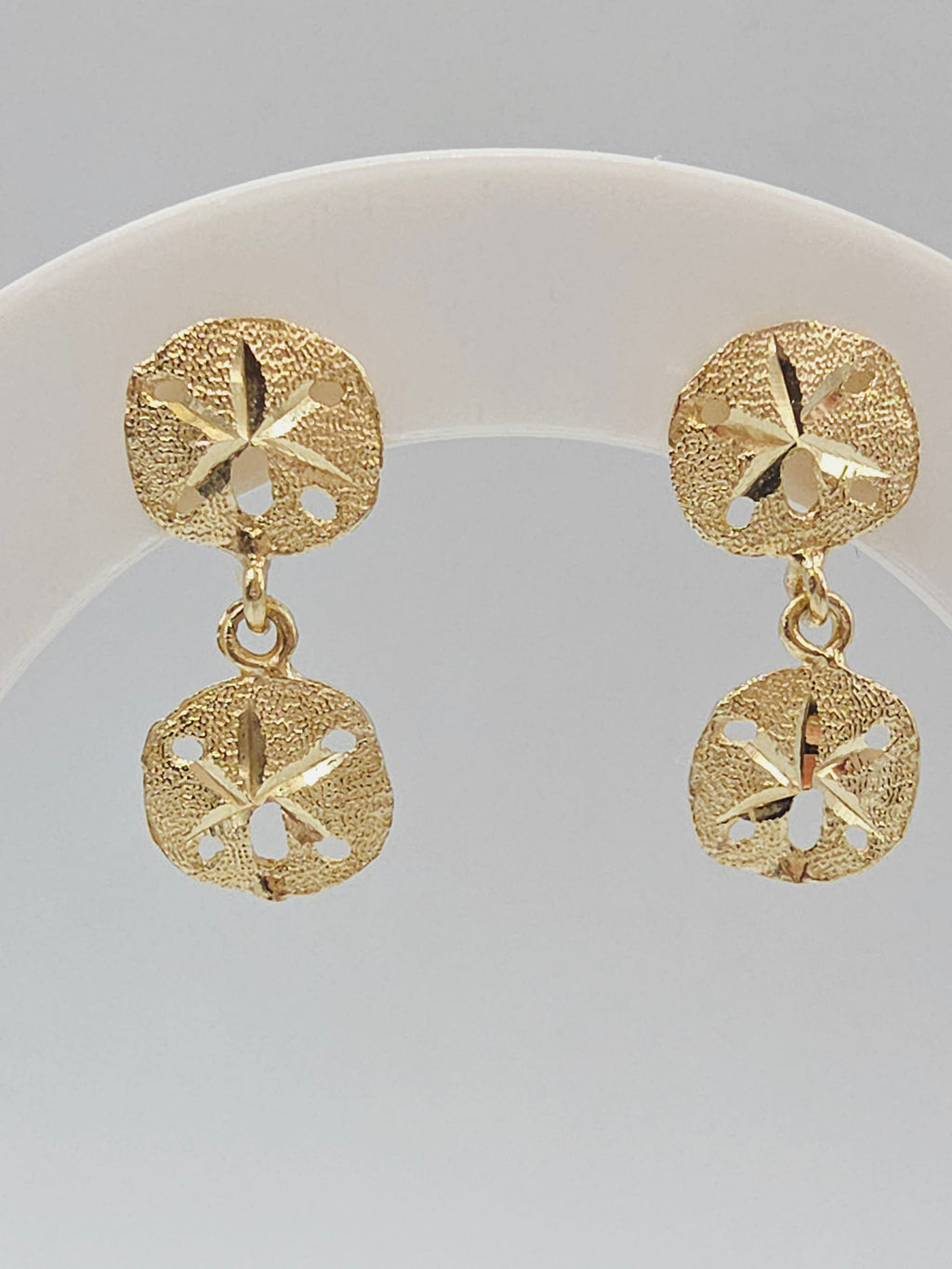 Solid 14K Yellow Gold Sand Dollar Dangle Drop Earrrings Beach