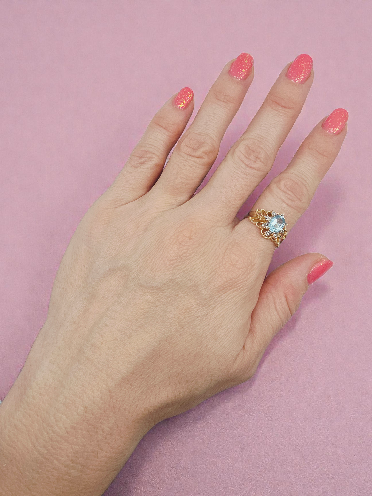 Solid 10K Yellow Gold Ring with Blue Topaz & Diamond Accents - Size 7.75