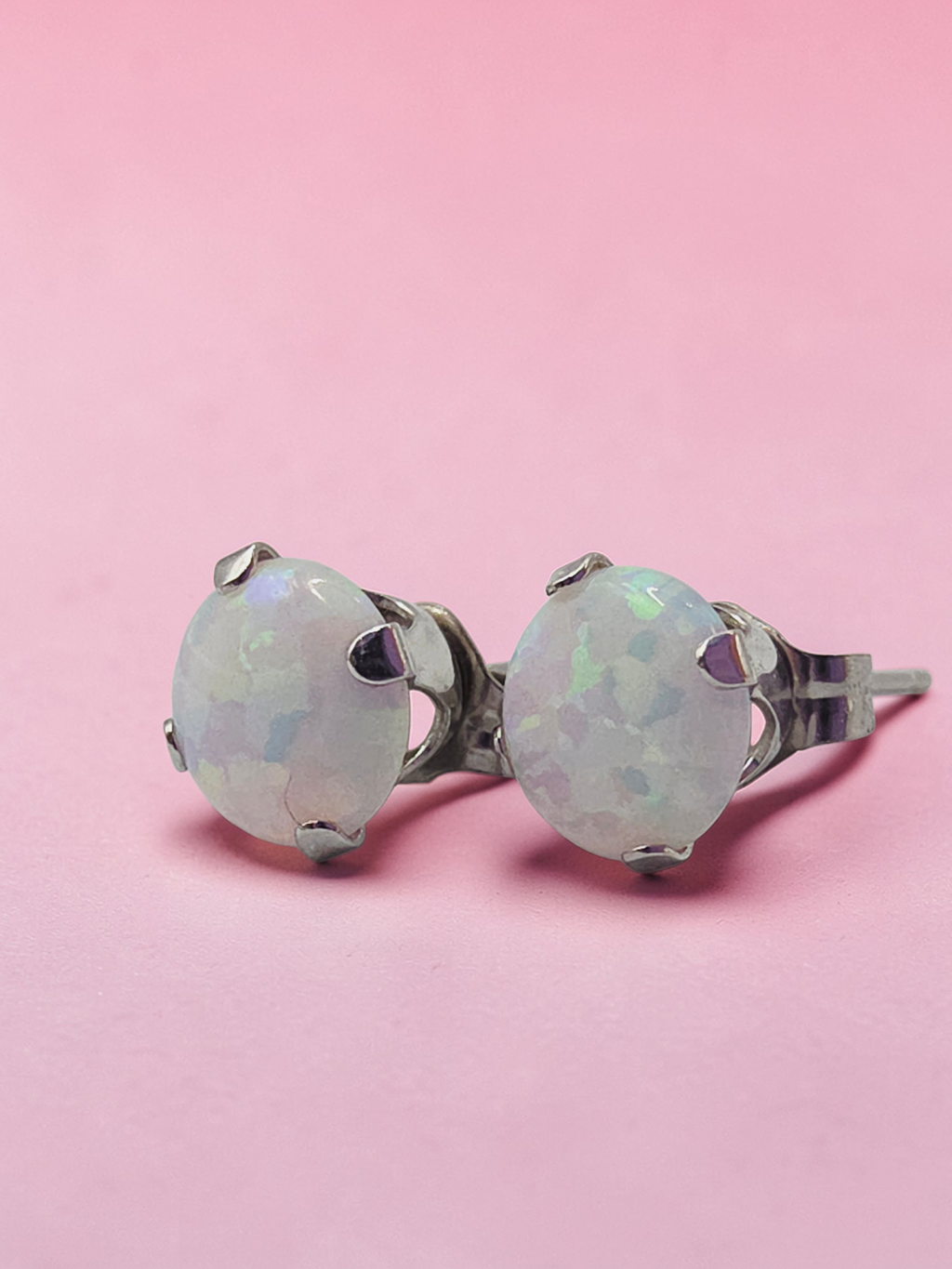 Solid 10K White Gold Opal Stud Earrings Round Cabochon October Birthstone
