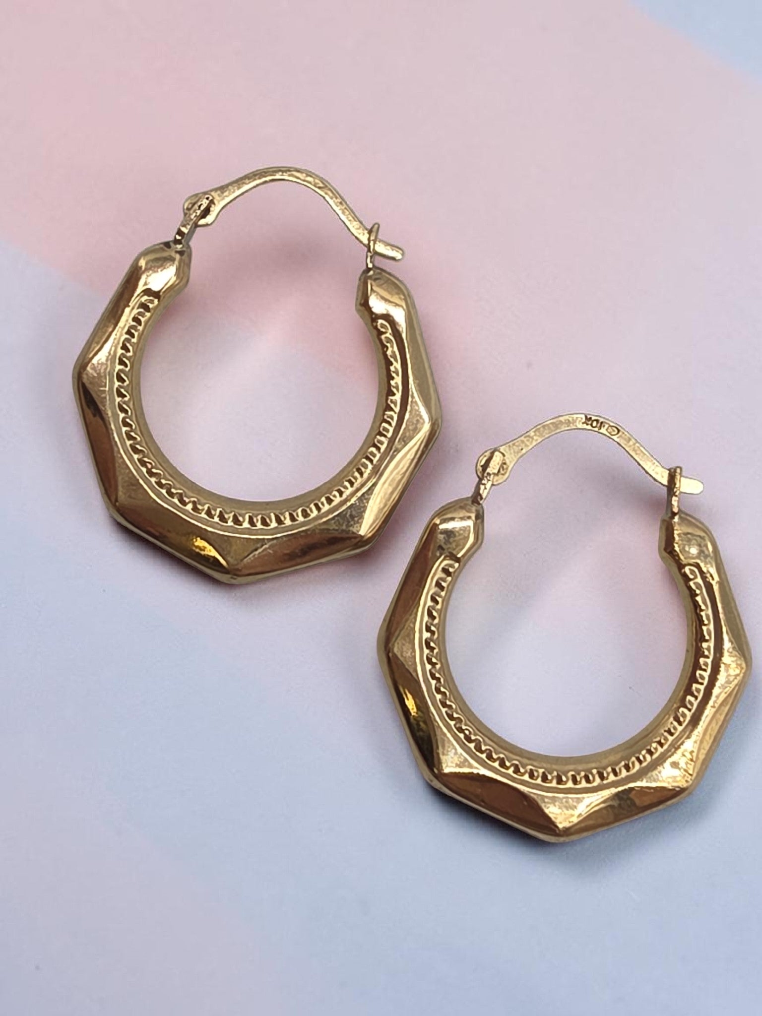 Vintage Solid 10K Yellow Gold Faceted Octagon Creole Hoop Earrings