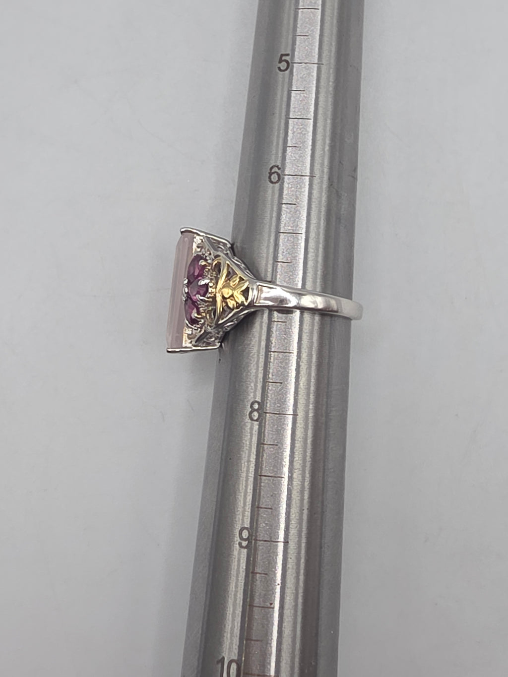 STS Jewels Sterling Silver Pink Quarts & Rhodolite Ring 18K Gold Accents Size 7
