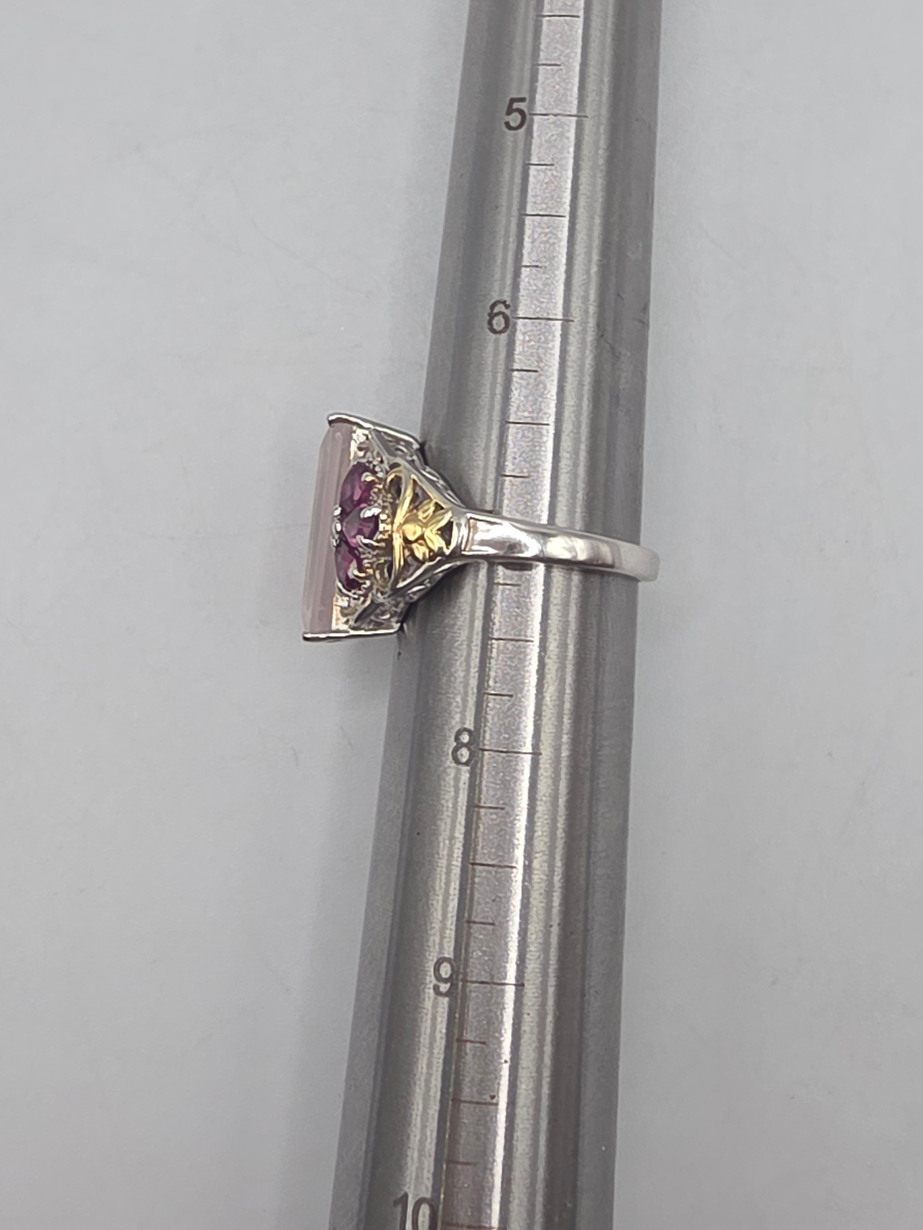 STS Jewels Sterling Silver Pink Quarts & Rhodolite Ring 18K Gold Accents Size 7