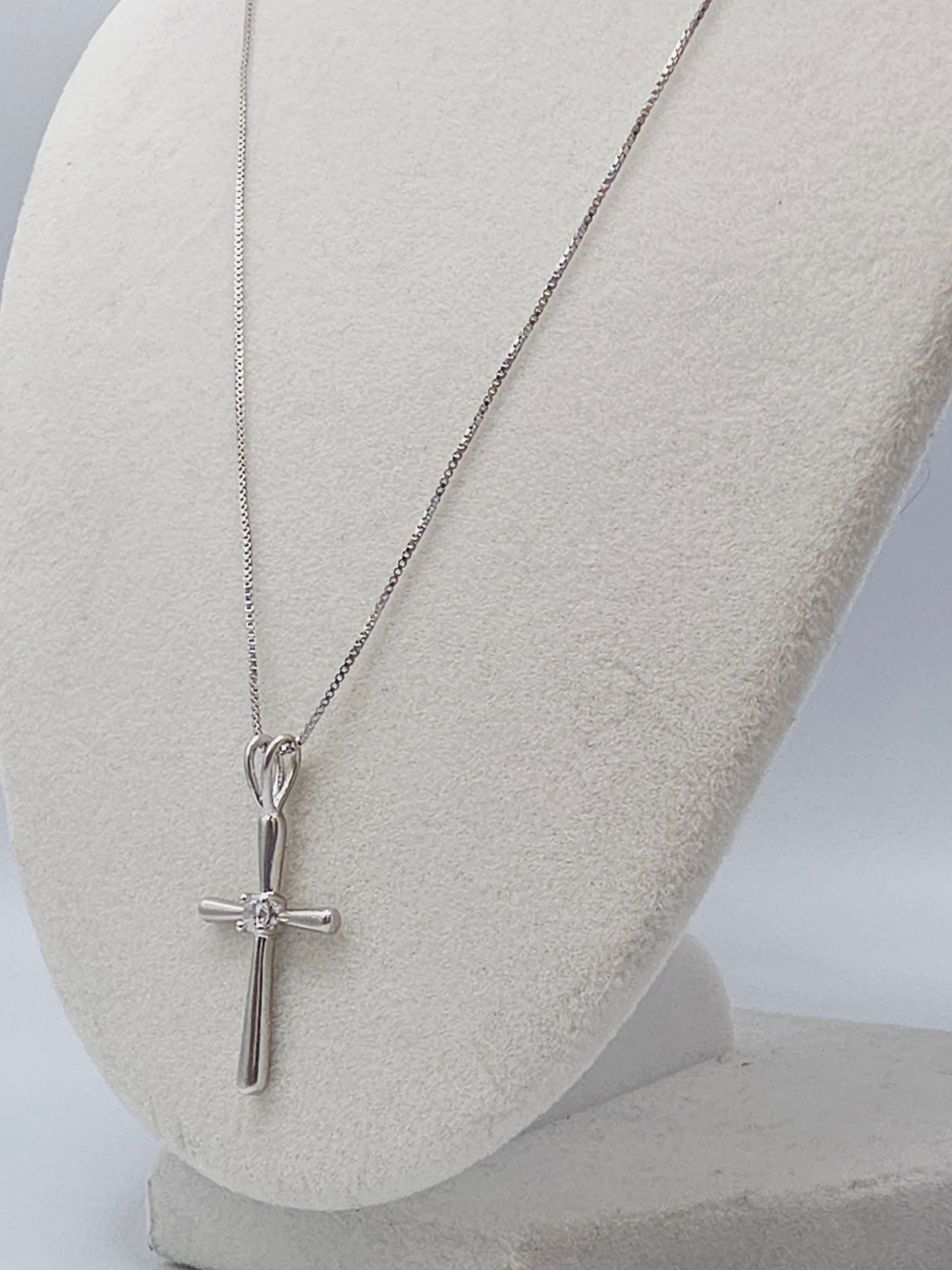 Sterling Silver Cross Pendant Boxchain Necklace with CZ Accent - 20 Inch
