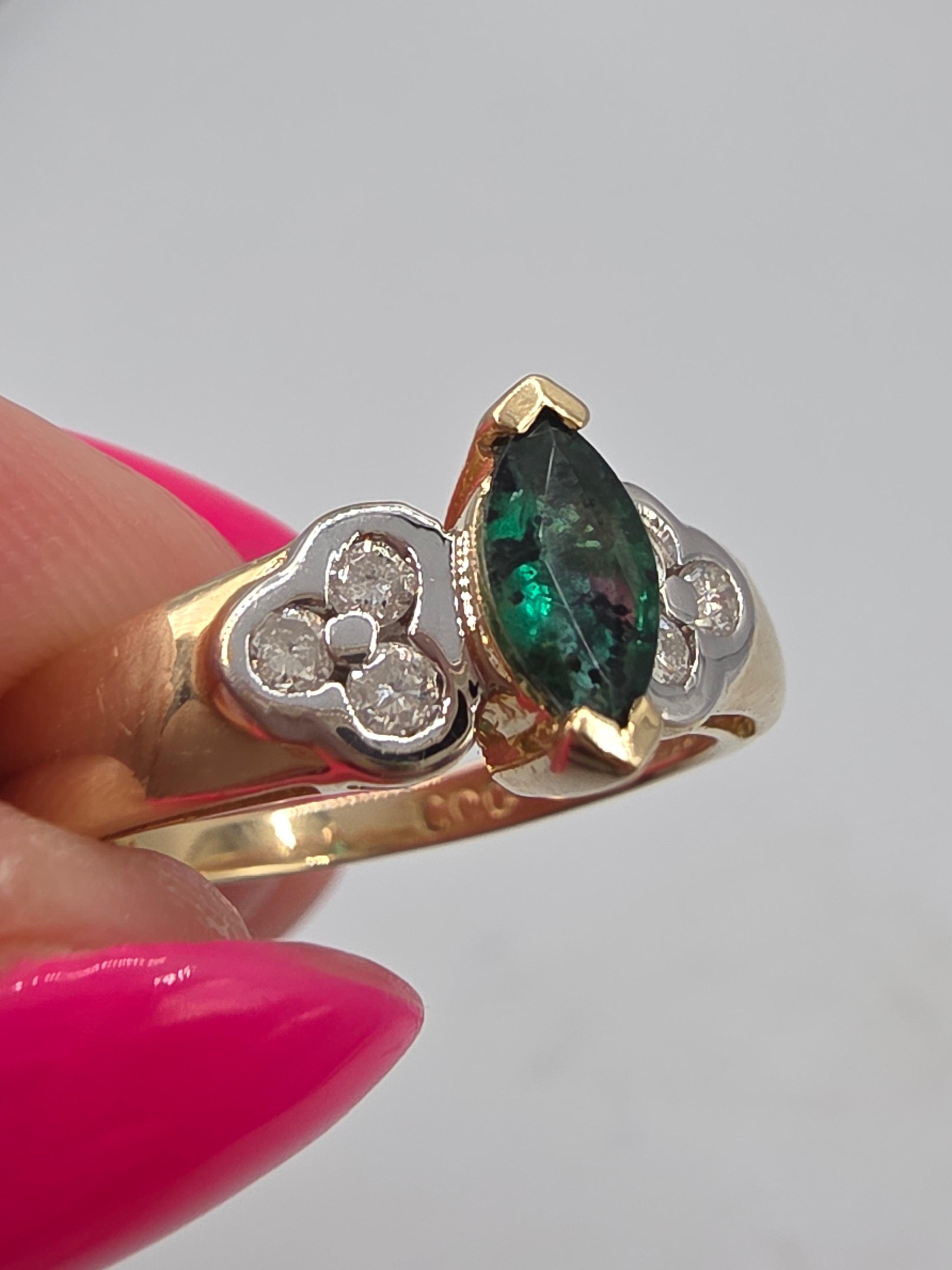Vintage Black Hills Gold CCO Solid 14K Marquise Emerald Diamond Ring Size 6.75