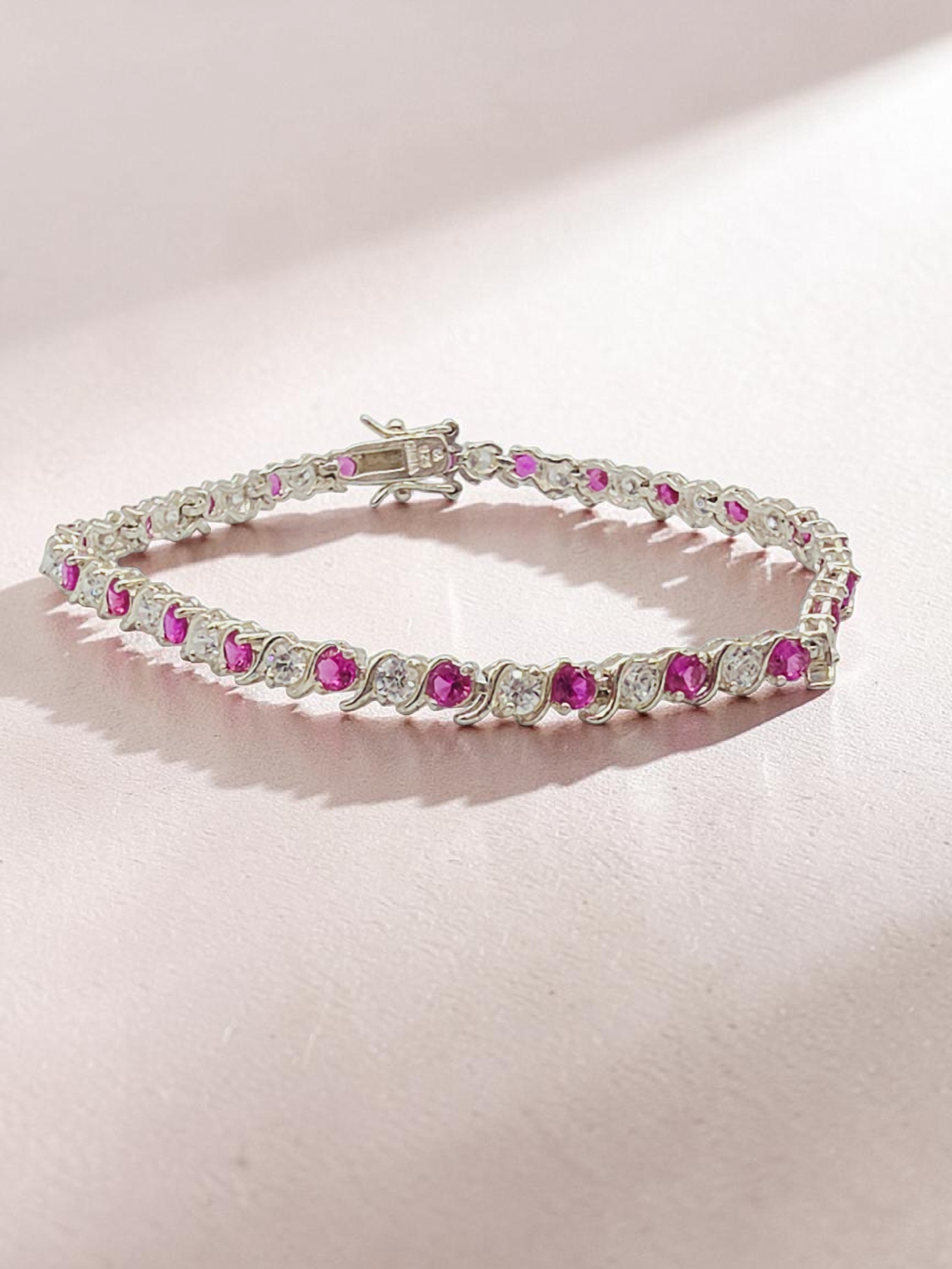 925 Sterling Silver Pink Sapphire Tennis Bracelet with CZ Accents - 7.5 Inch