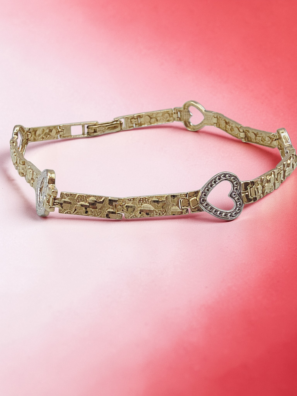 Solid 10K Yellow Gold Nugget Link Heart Bracelet - 7 Inch