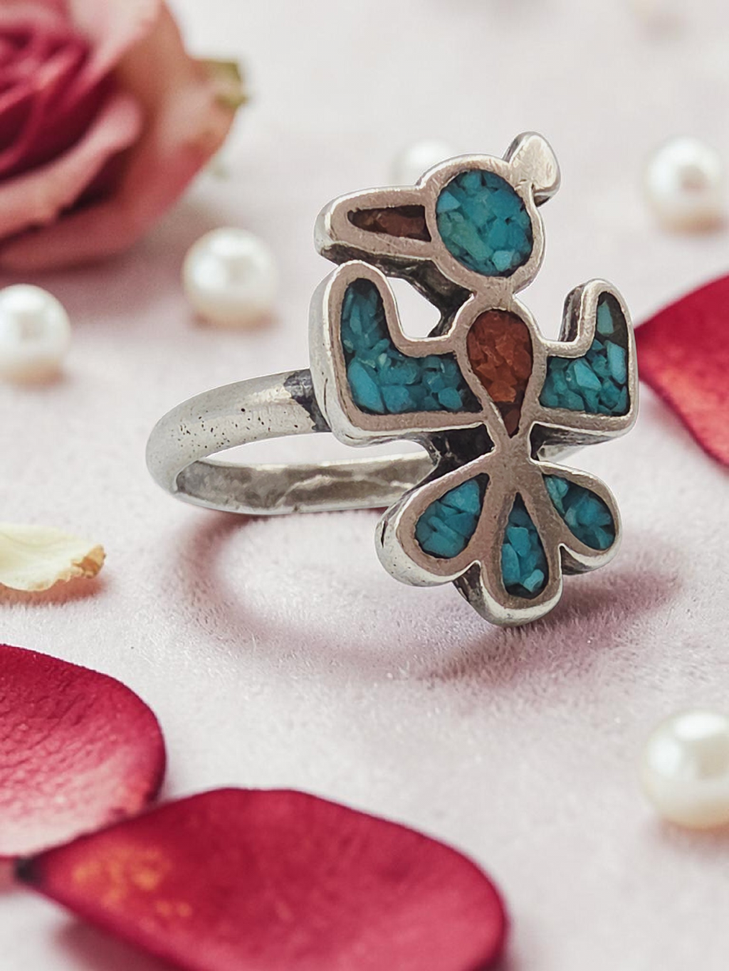 Southwestern Sterling Silver Turquoise & Coral Inlay Thunderbird Ring Size 7.75
