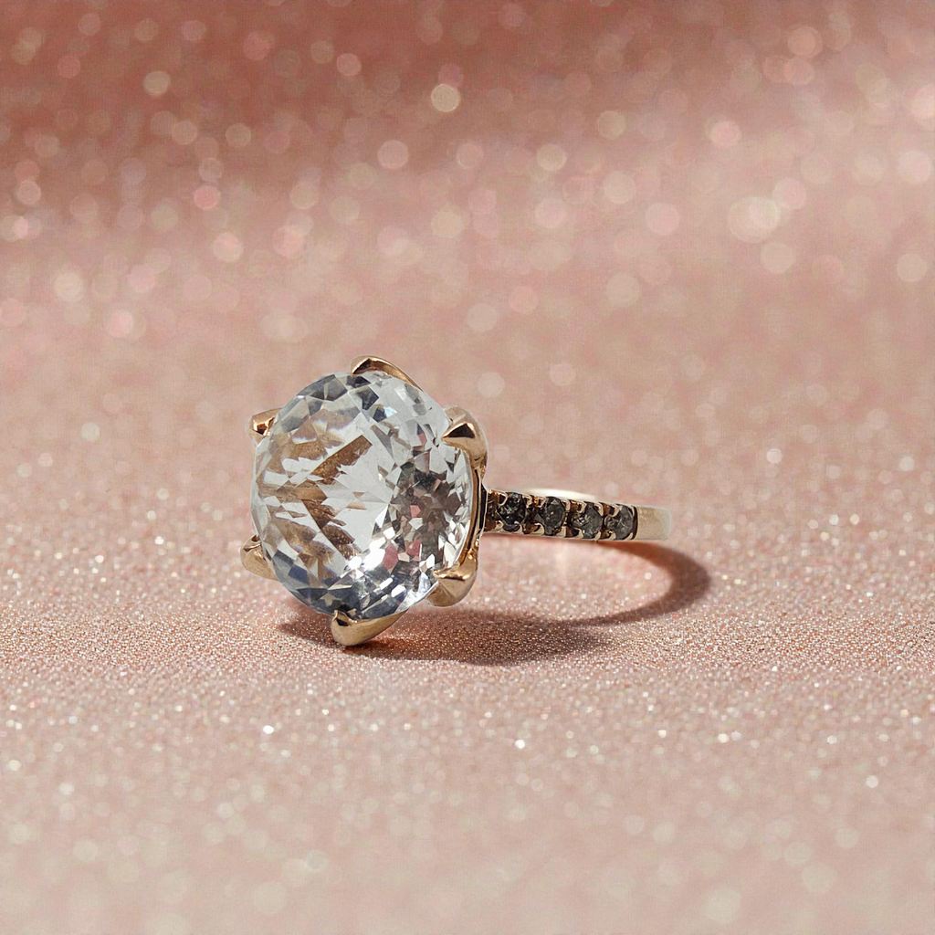 Solid 14K Rose Gold Ring with Lab-Created White Topaz & Diamond Accents - Size 8