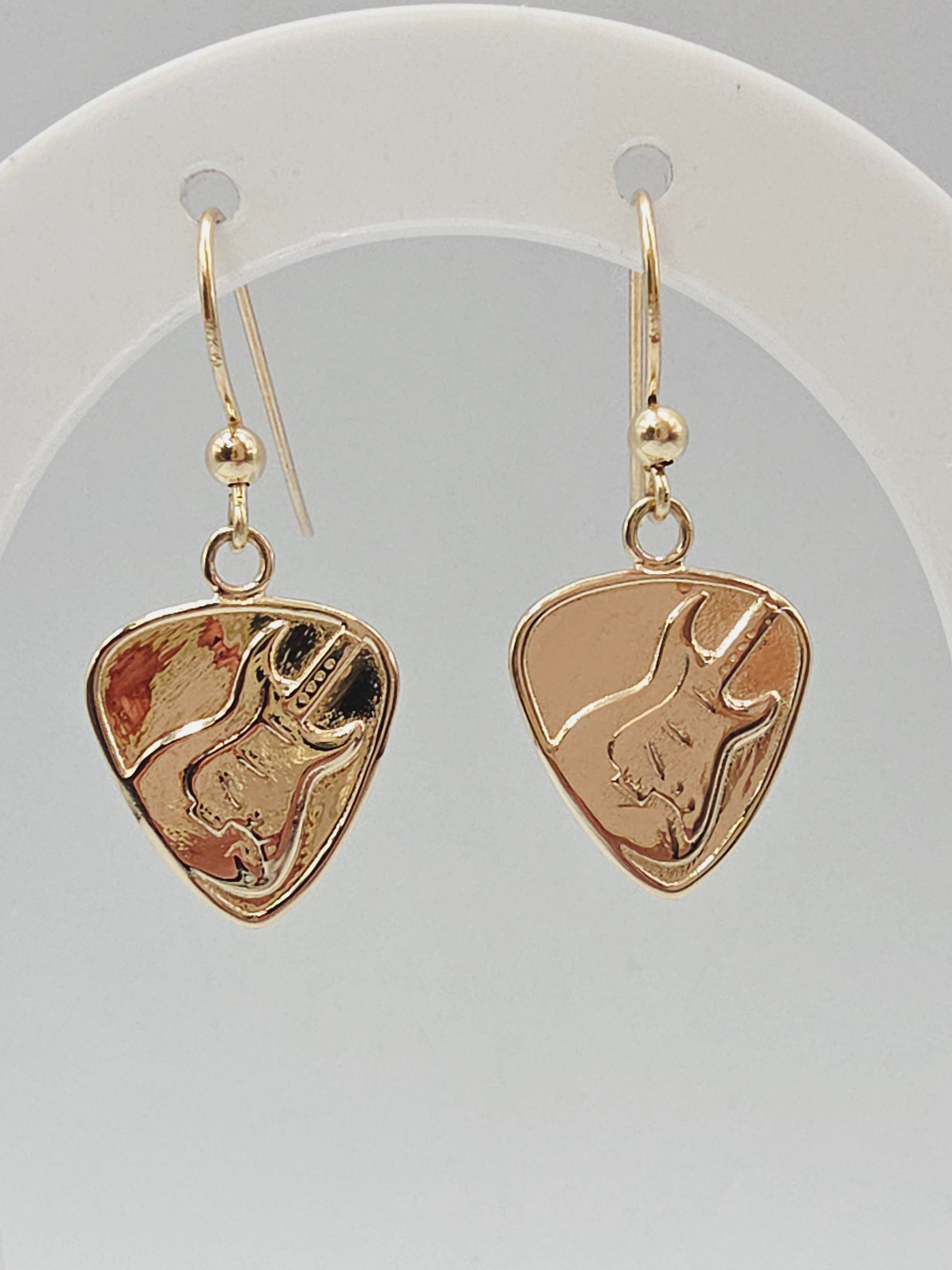 Jeffrey David Guitar Pick Solid 14K Yellow Gold Dangle Earrings Music