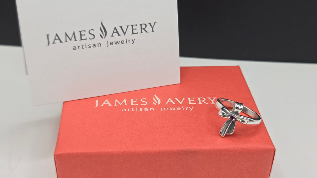 RETIRED James Avery 925 Sterling Silver Ribbon Cross Ring with Ruby - Size 5