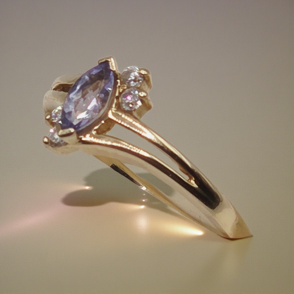 Solid 10K Yellow Gold Ring with Marquise Cut Tanzanite and CZ Accents Size 5.75