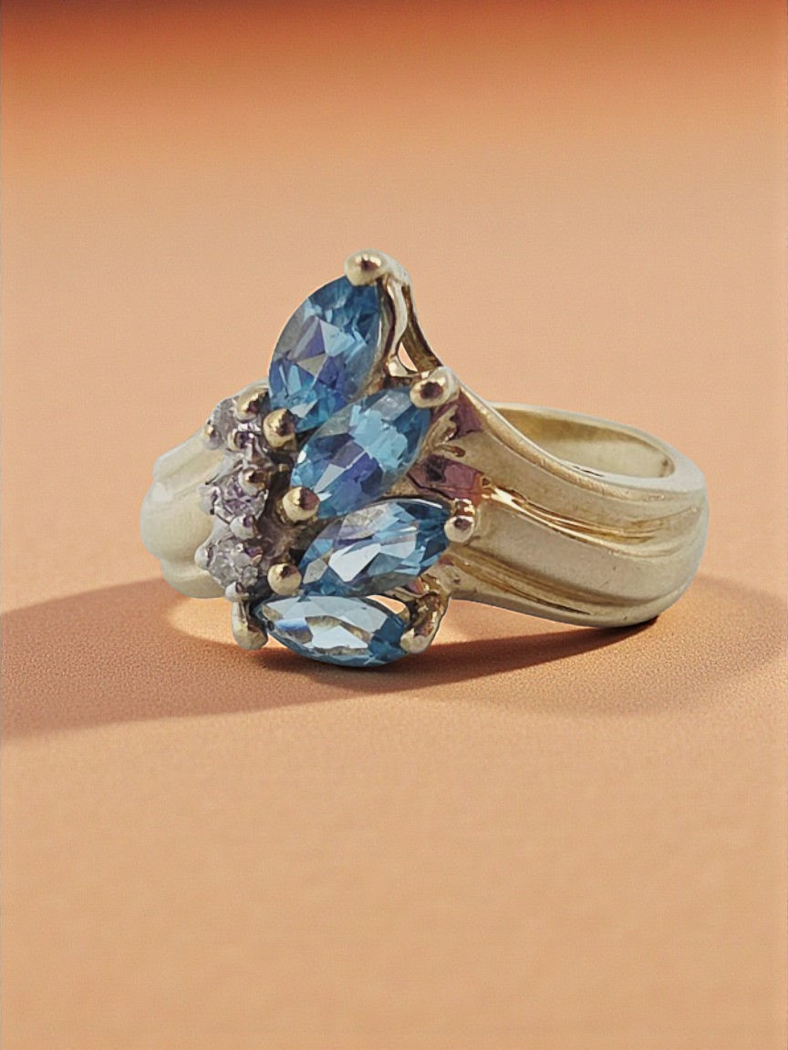 10K Solid Yellow Gold Ring with Blue Topaz & Diamond Cluster – Size 6.5