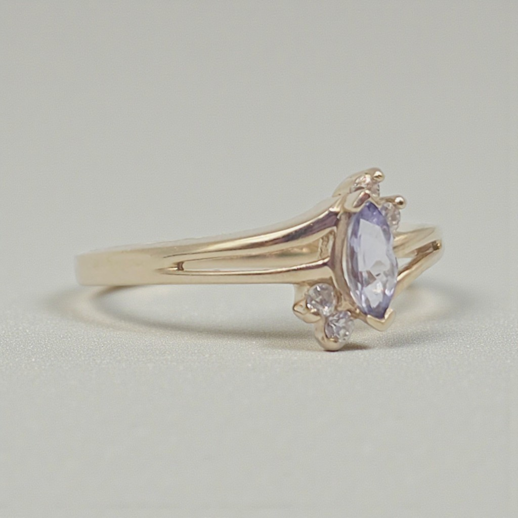 Solid 10K Yellow Gold Ring with Marquise Cut Tanzanite and CZ Accents Size 5.75