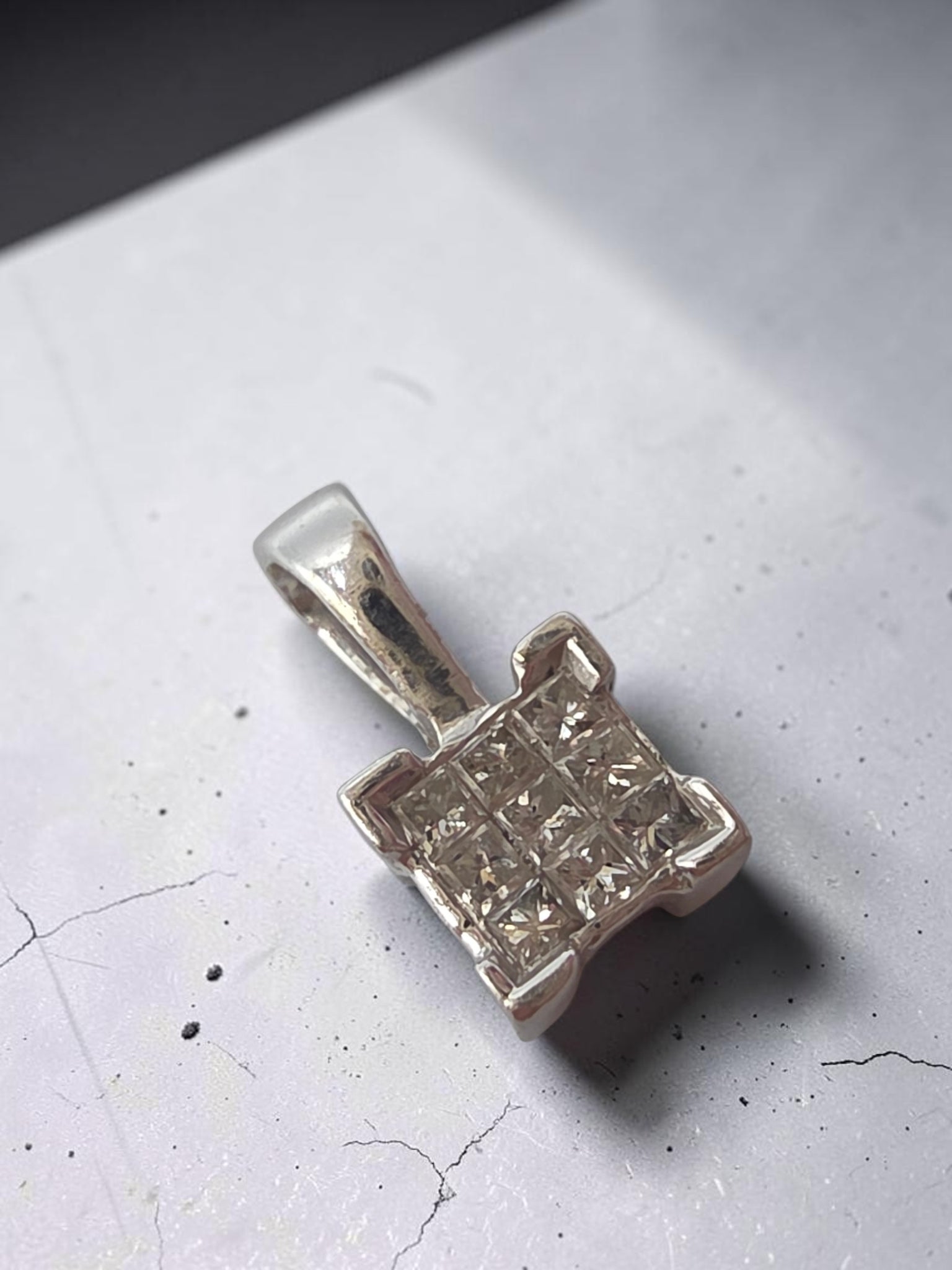 Solid 14K White Gold Nine Diamond Square Cluster Pendant WGD World Gold Diamond
