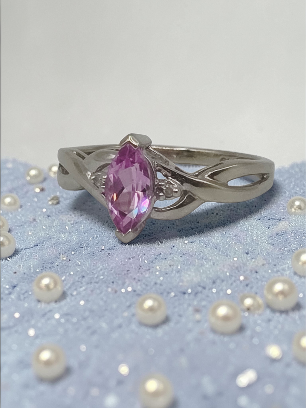Solid 10K White Gold Ring with Marquise Cut Pink Sapphire - Size 5.75