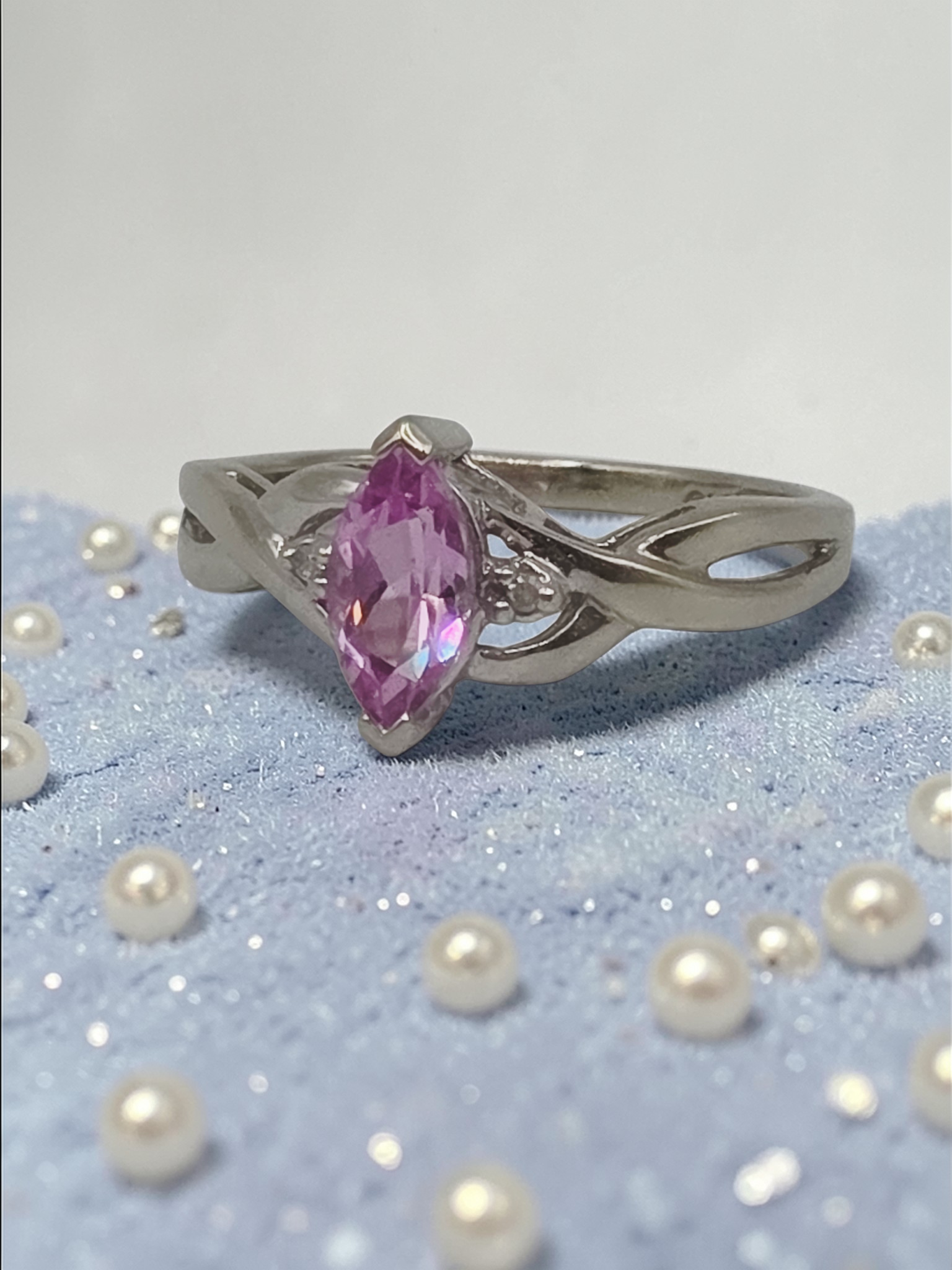 Solid 10K White Gold Ring with Marquise Cut Pink Sapphire - Size 5.75