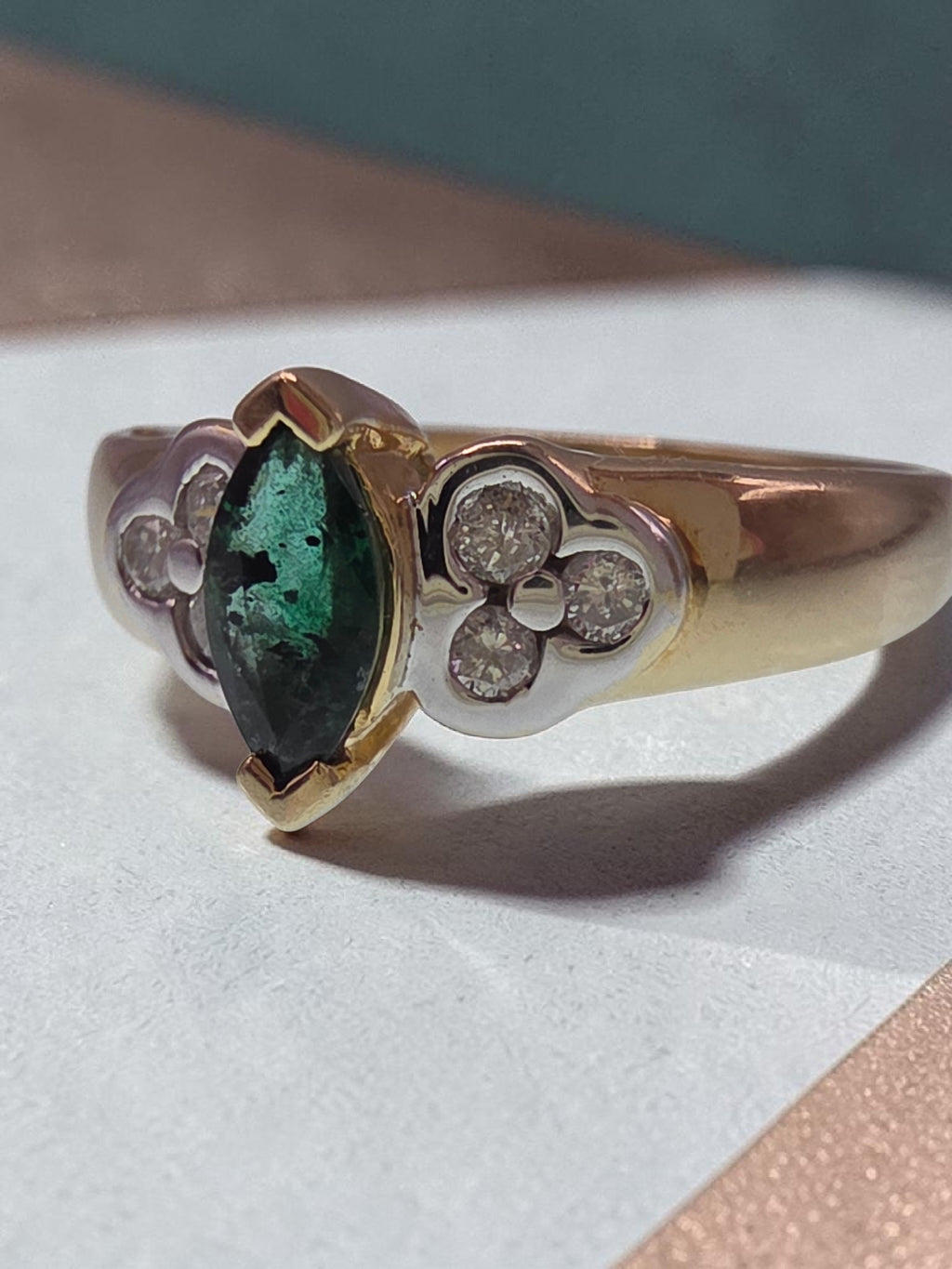 Vintage Black Hills Gold CCO Solid 14K Marquise Emerald Diamond Ring Size 6.75