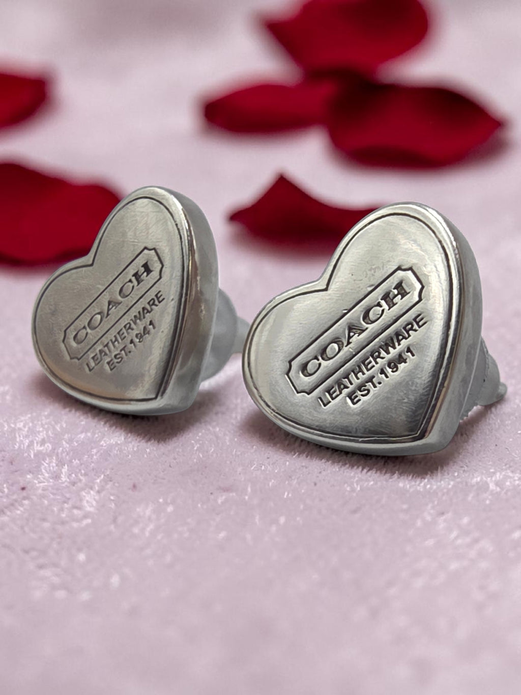 Authentic Rare Vintage Coach Heart Stud Earrings 925 Sterling Silver