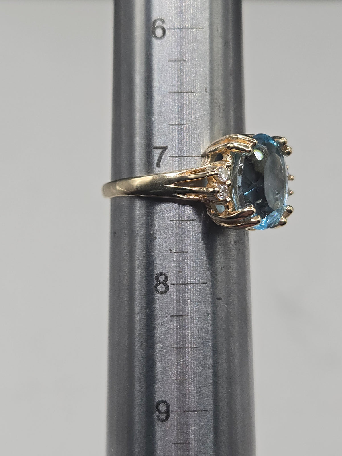 Solid 14K Yellow Gold Ring with Blue Topaz and Diamond Accents – Size 7.25