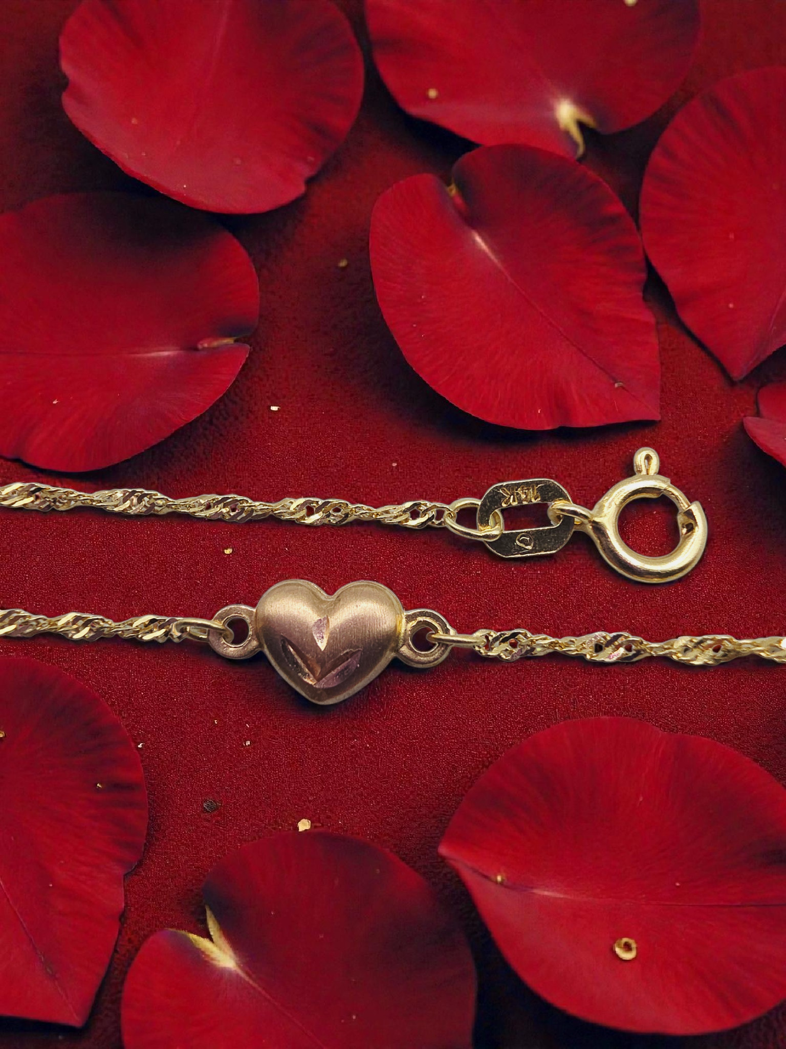 Solid 14K Yellow Gold Bracelet with 3D Rose Gold Hearts - 7.5 Inches