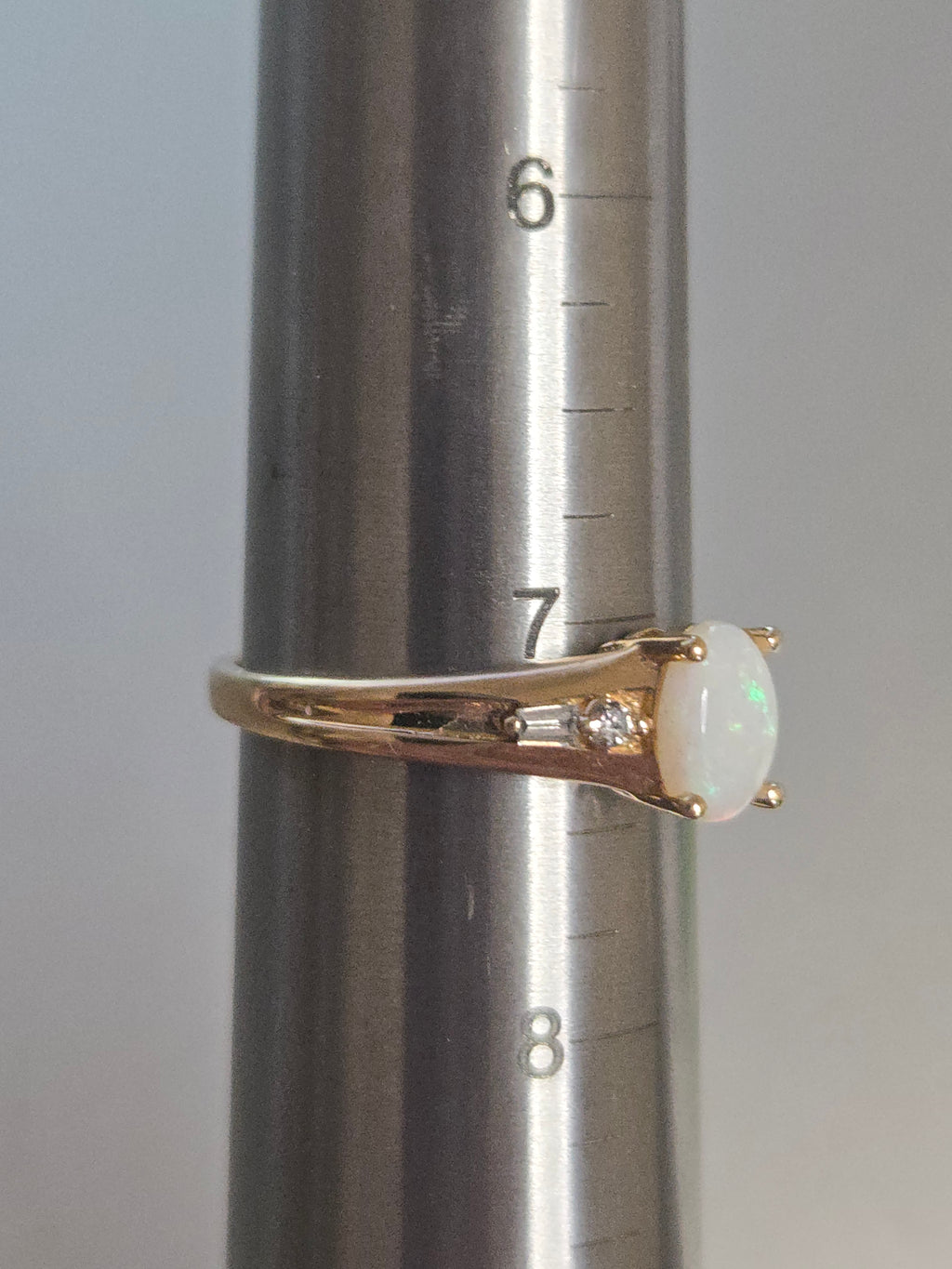 Solid 14K Yellow Gold Ring with Oval-Cut Opal and Diamond Accents - Size 7.25