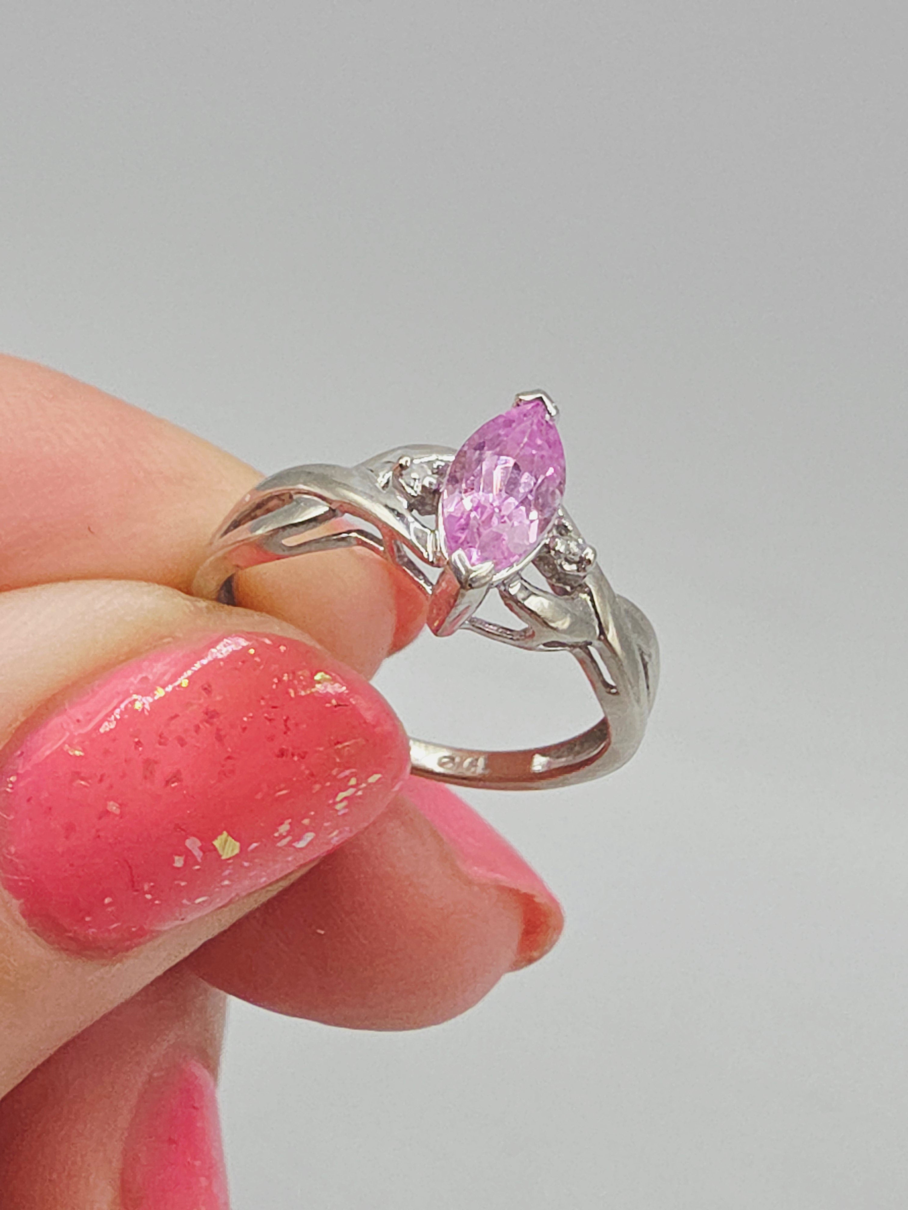 Solid 10K White Gold Ring with Marquise Cut Pink Sapphire - Size 5.75
