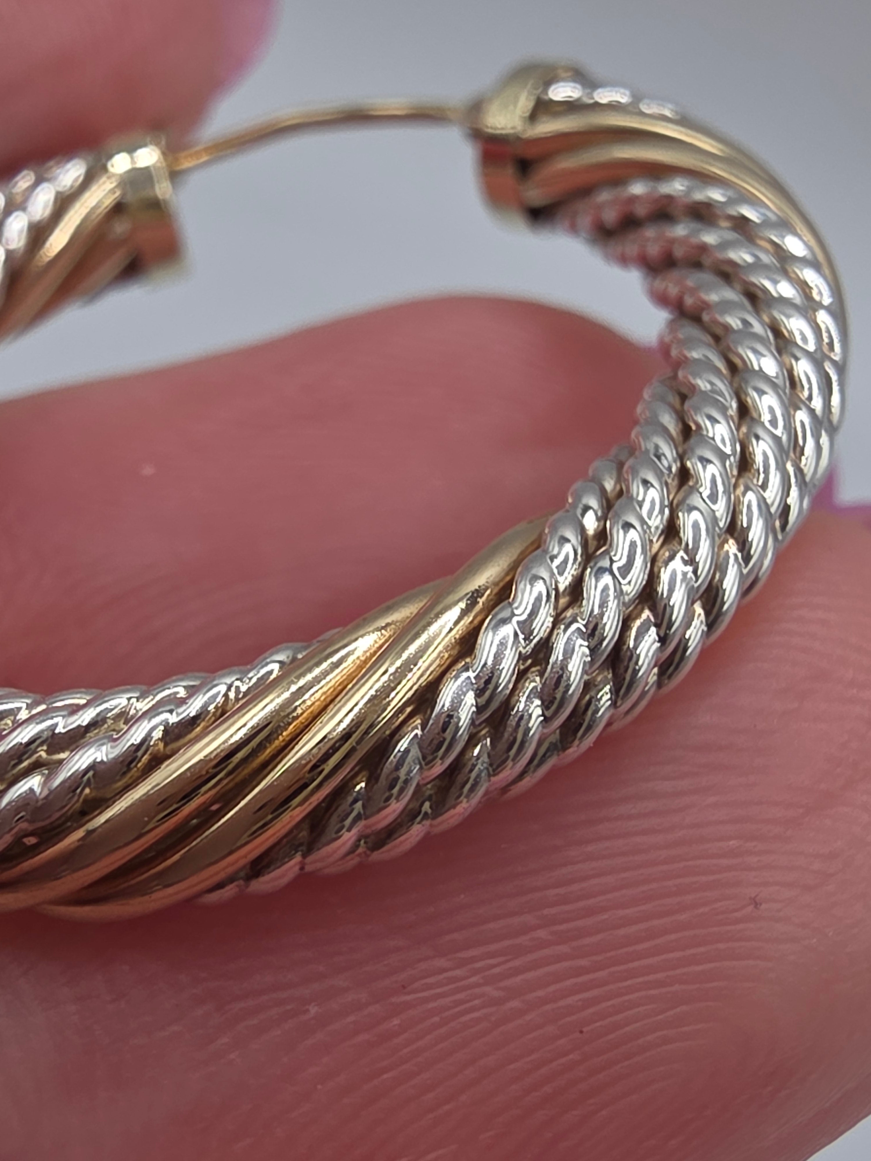 925 Sterling Silver Twisted Rope Hoop Earrings Solid 14K Yellow Gold Accents