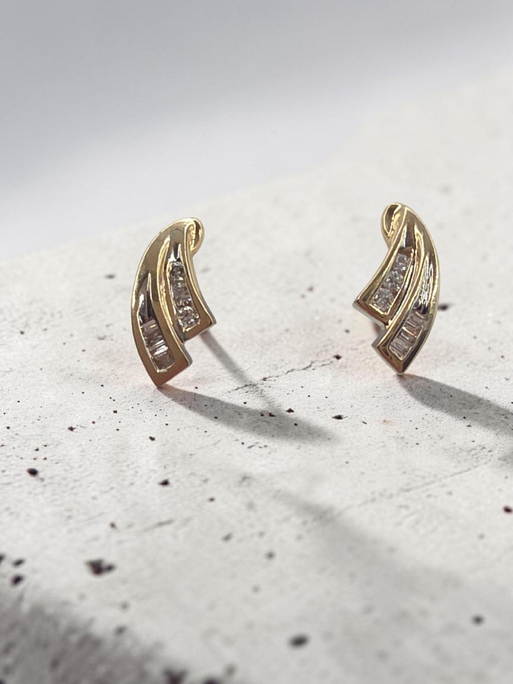 Solid 10K Yellow Gold Round & Baguette Diamond Swirl Stud Earrings
