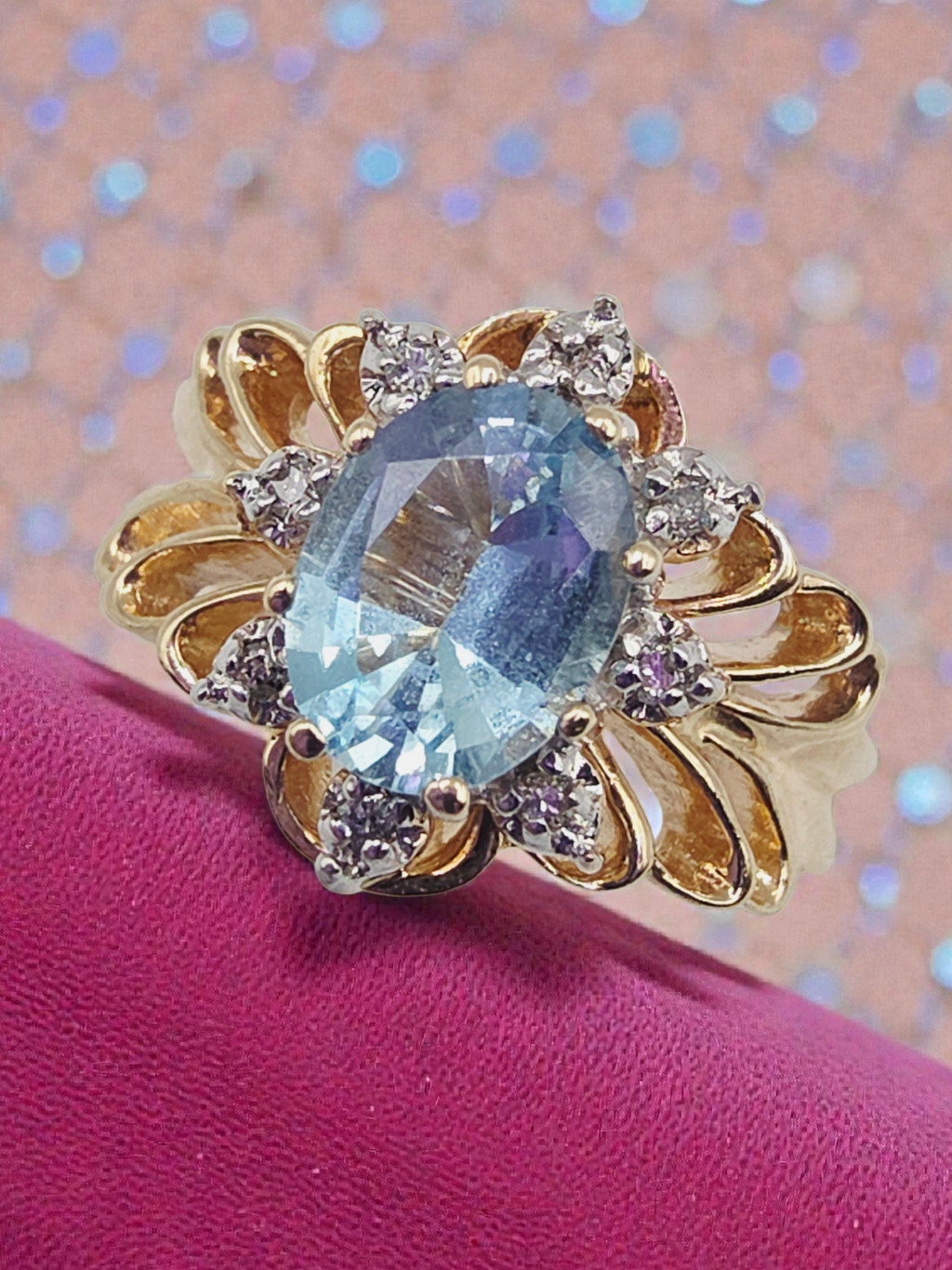 Solid 10K Yellow Gold Ring with Blue Topaz & Diamond Accents - Size 7.75