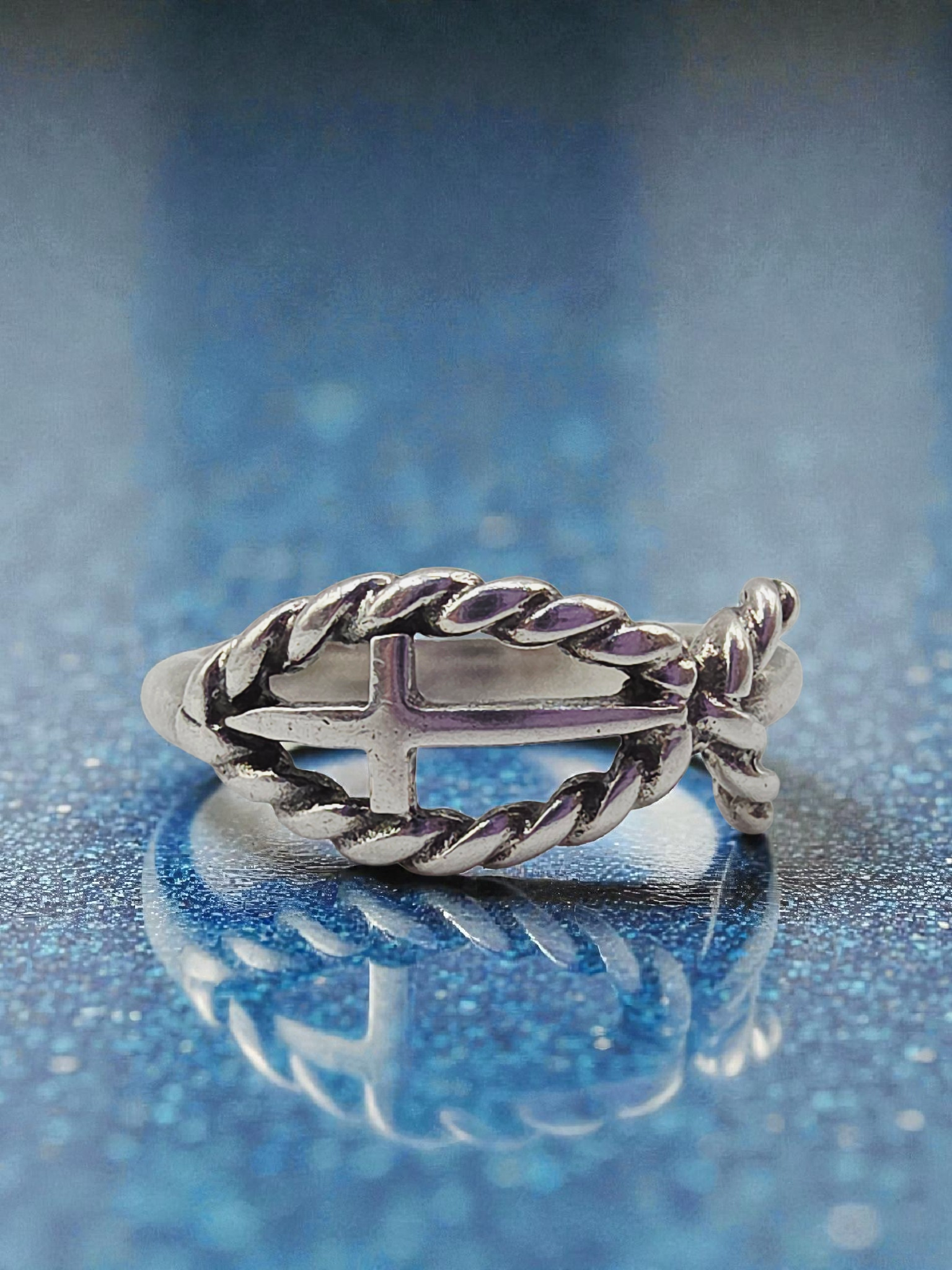 RETIRED James Avery Twisted Cable Ichthus Cross Silver Ring - Sz 5