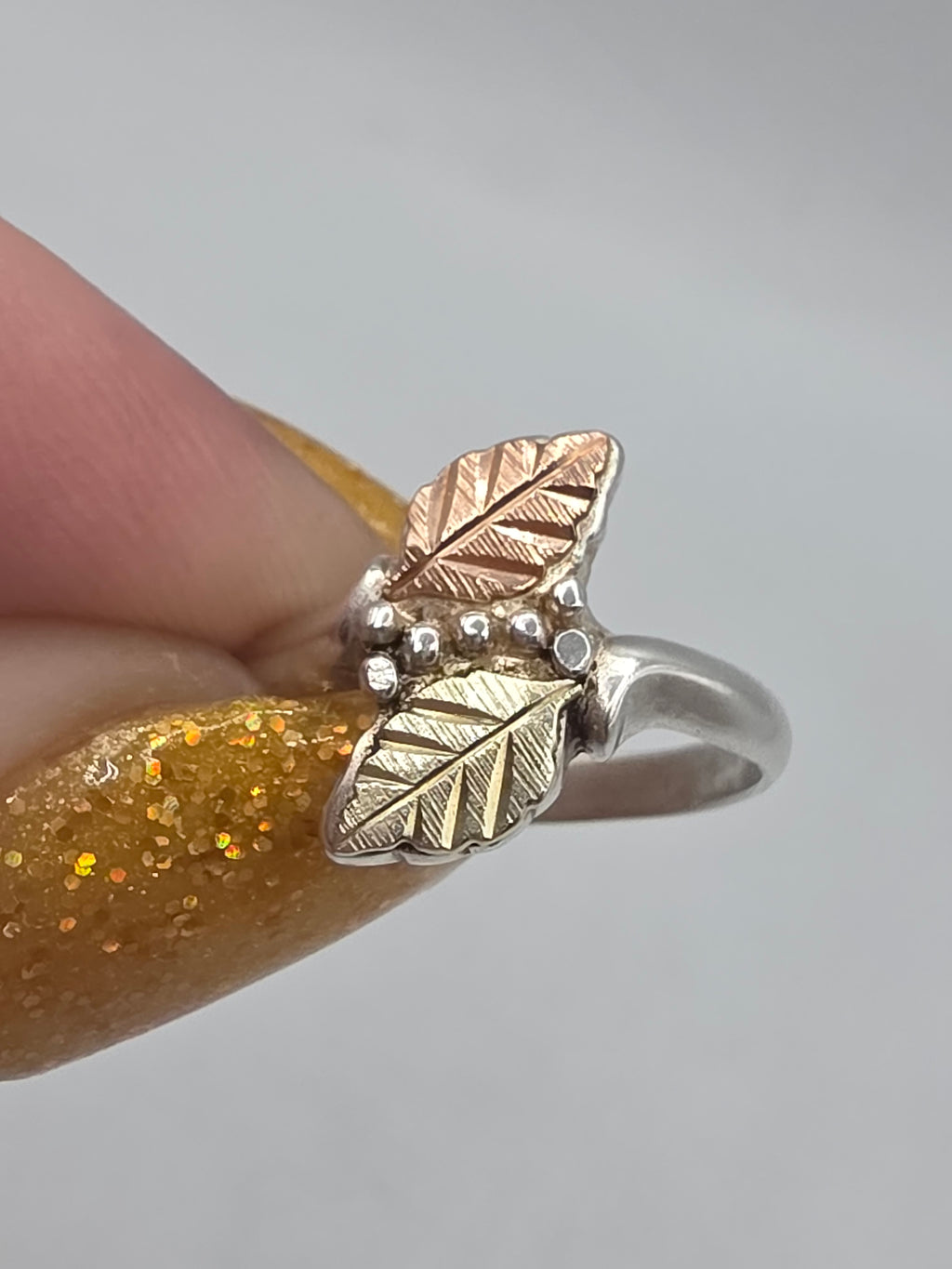 Black Hills Sterling Silver Ring with Solid 12K Gold Leaf Accents - Size 6