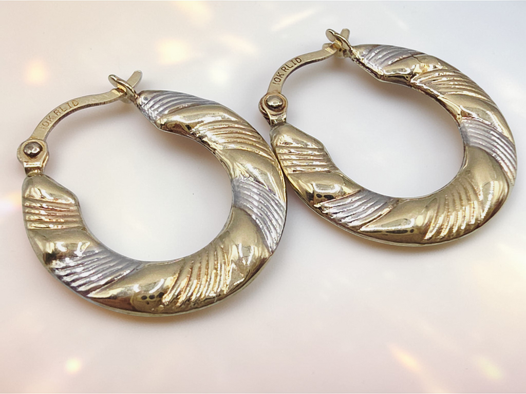 Solid 10K Two-Tone Gold Ribbed Textured Hoop Earrings