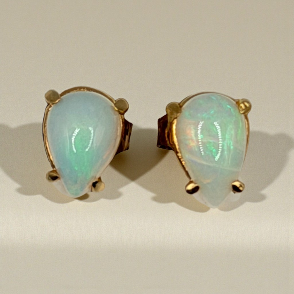 Solid 14K Yellow Gold Stud Earrings with Pear Cut Opals