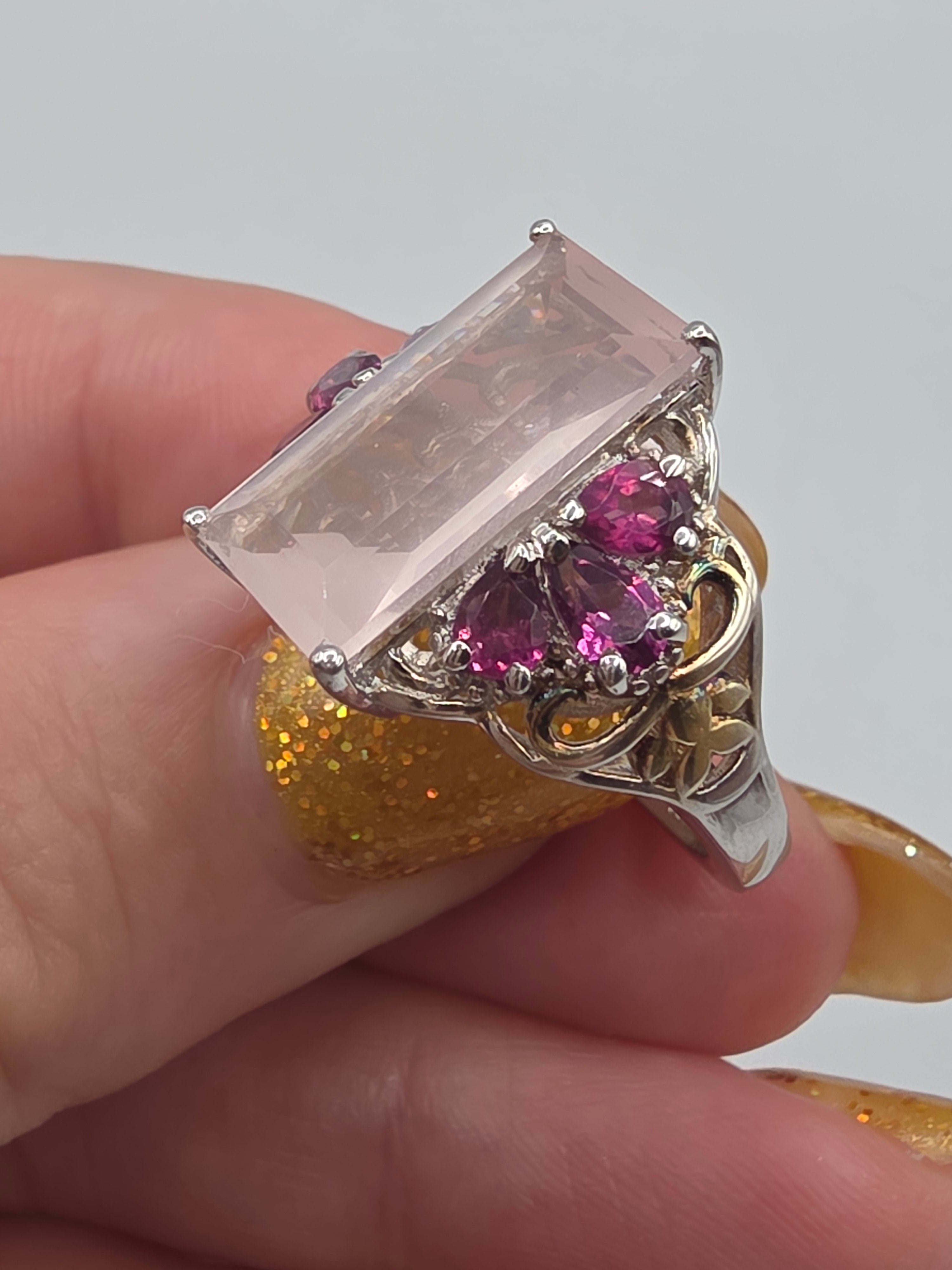 STS Jewels Sterling Silver Pink Quarts & Rhodolite Ring 18K Gold Accents Size 7