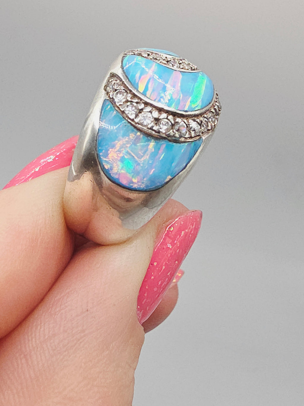 Unique 925 Sterling Silver Ring with Blue Opal and CZ accents - Size 8