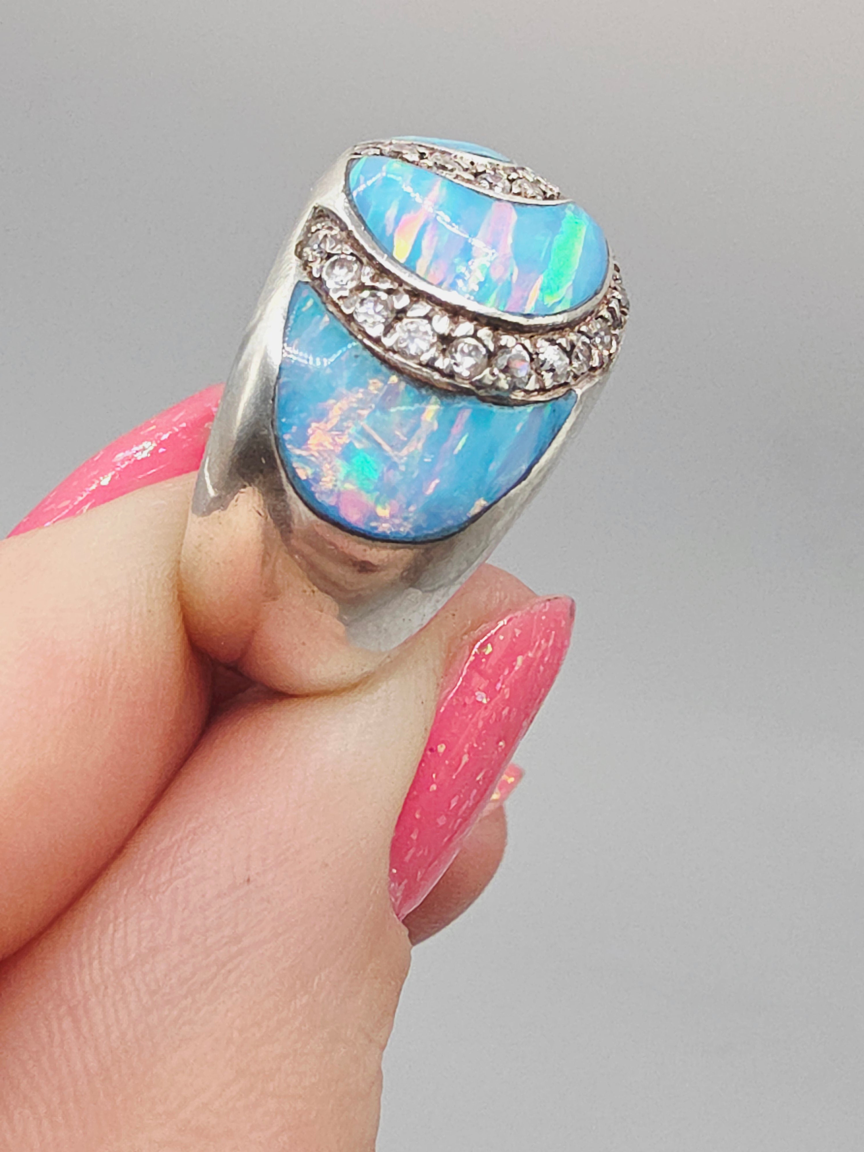 Unique 925 Sterling Silver Ring with Blue Opal and CZ accents - Size 8