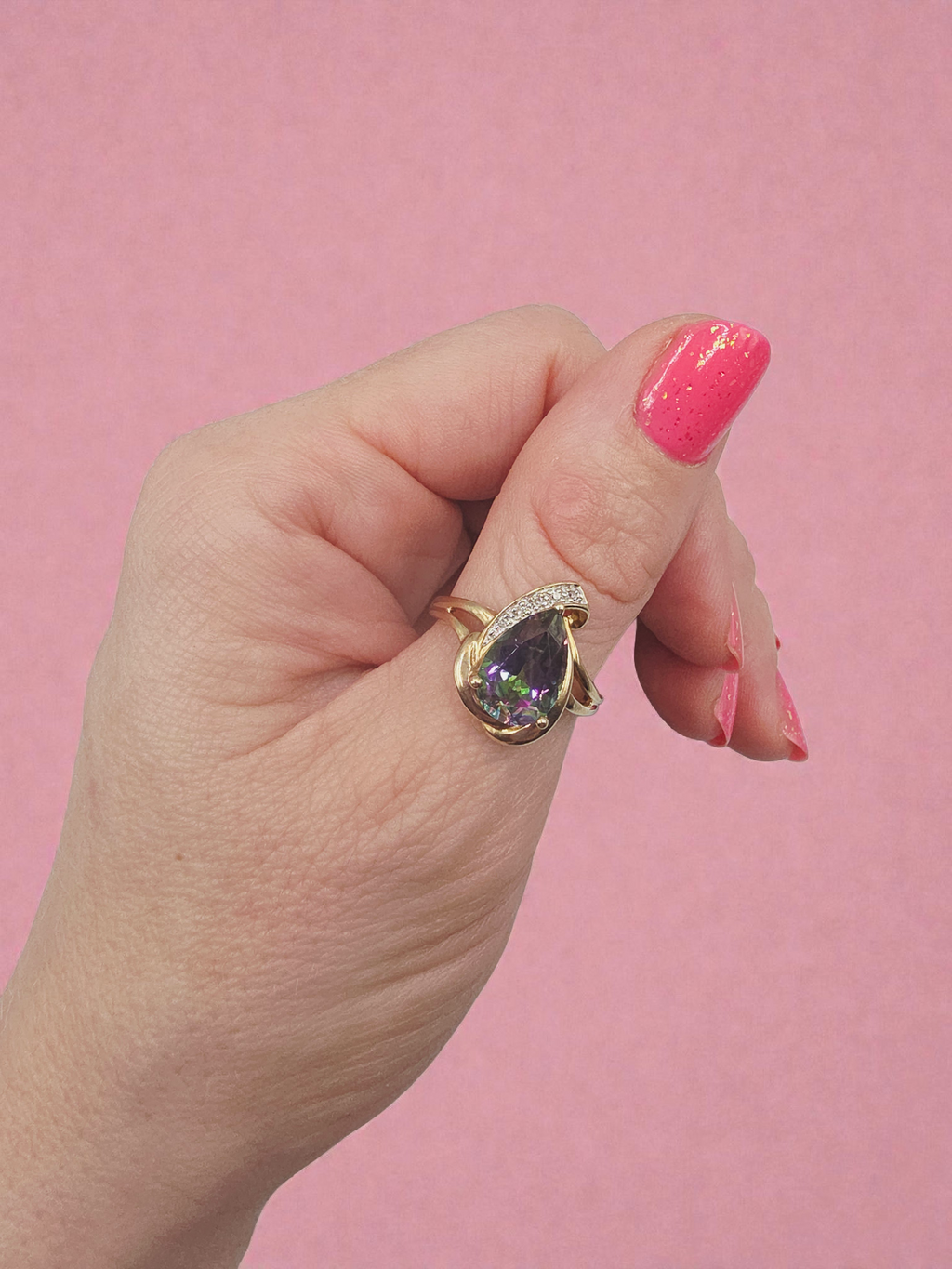 Solid 10K Yellow Gold Ring with Pear Cut Mystic Topaz and Diamond Accents Size 9