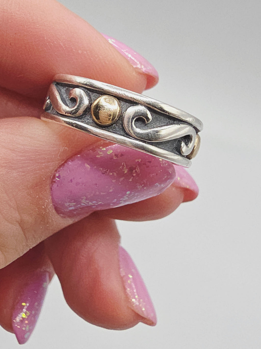 RETIRED James Avery 14K Gold Dot & Sterling Silver Swirl Band Ring - Sz 7