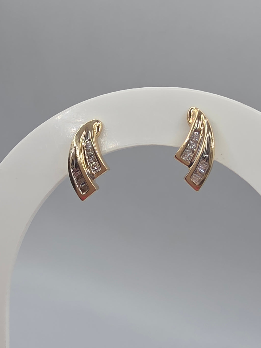 Solid 10K Yellow Gold Round & Baguette Diamond Swirl Stud Earrings