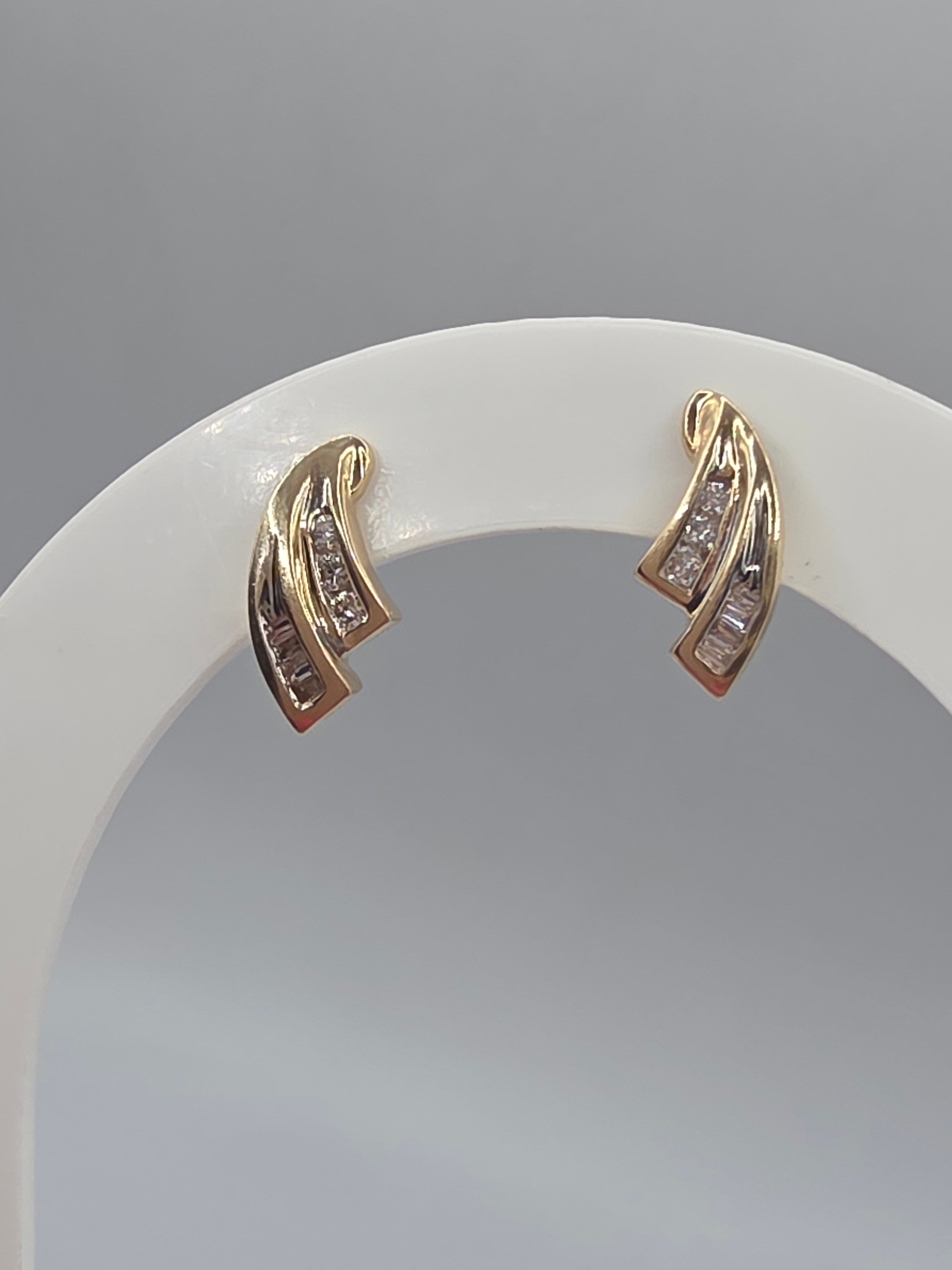 Solid 10K Yellow Gold Round & Baguette Diamond Swirl Stud Earrings