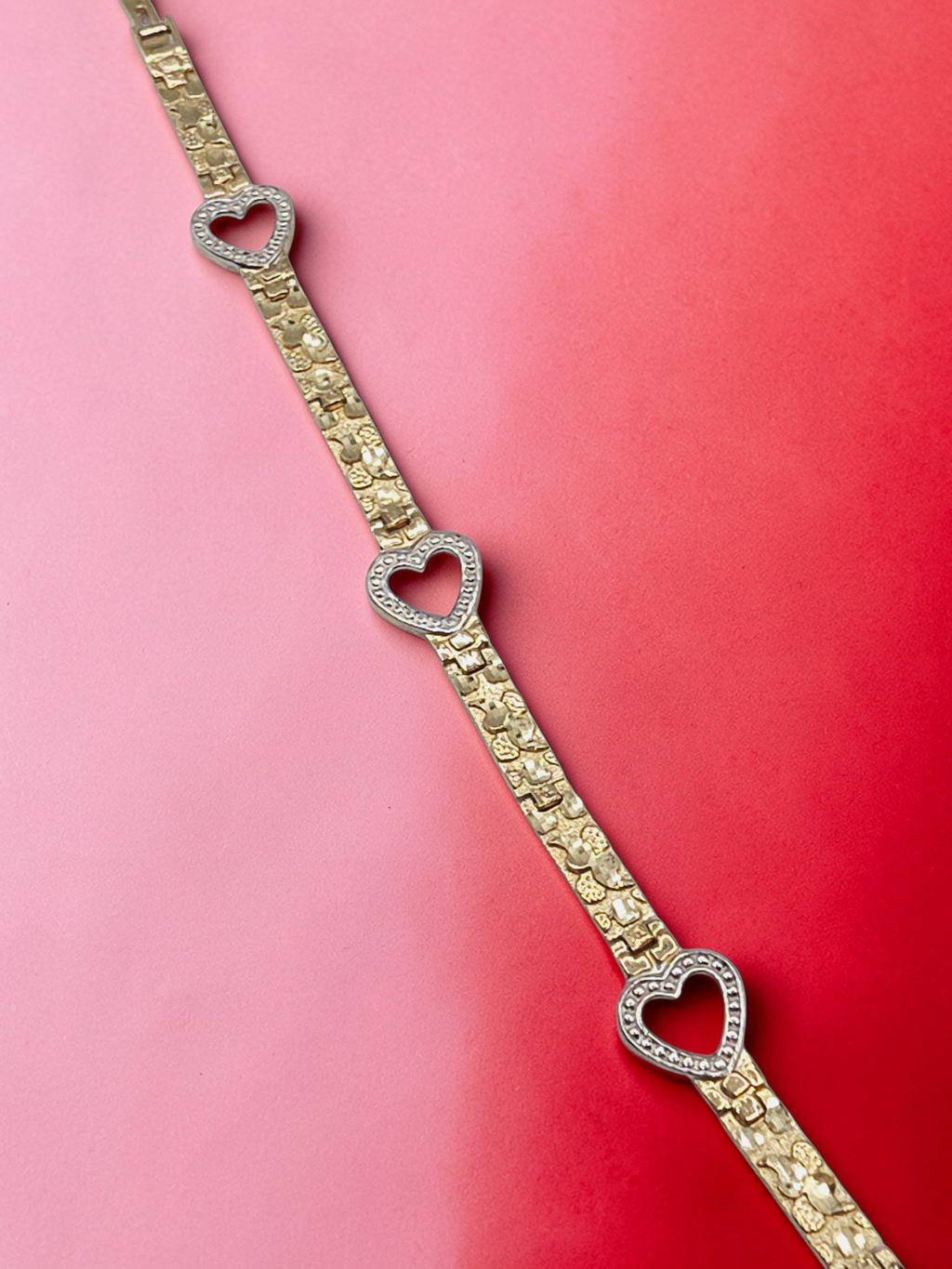 Solid 10K Yellow Gold Nugget Link Heart Bracelet - 7 Inch