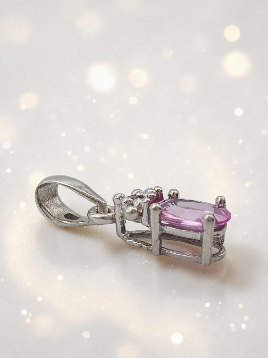 STS Jewels Solid 10K White Gold Pink Sapphire Petite Pendant with Diamond Accent