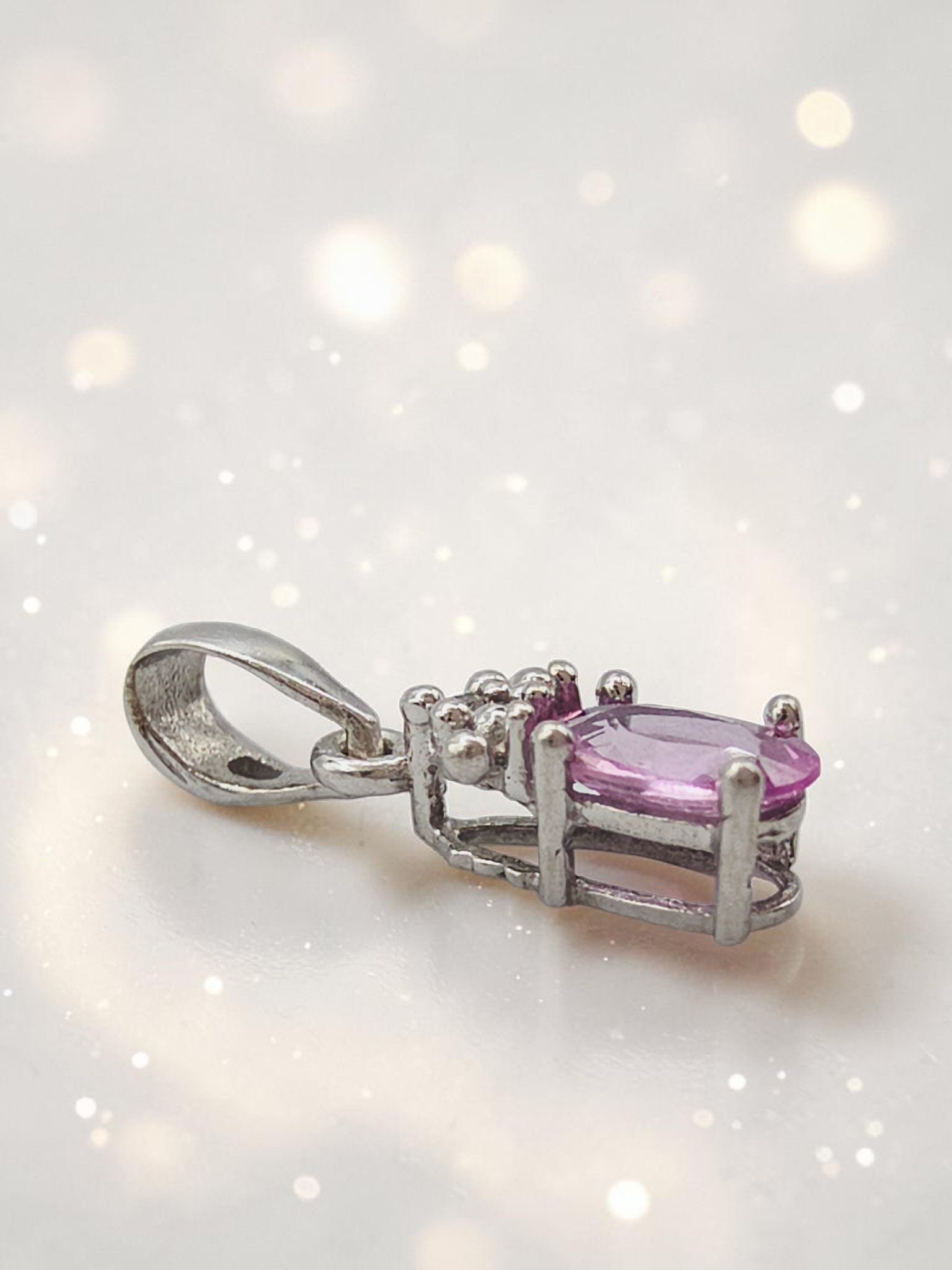 STS Jewels Solid 10K White Gold Pink Sapphire Petite Pendant with Diamond Accent
