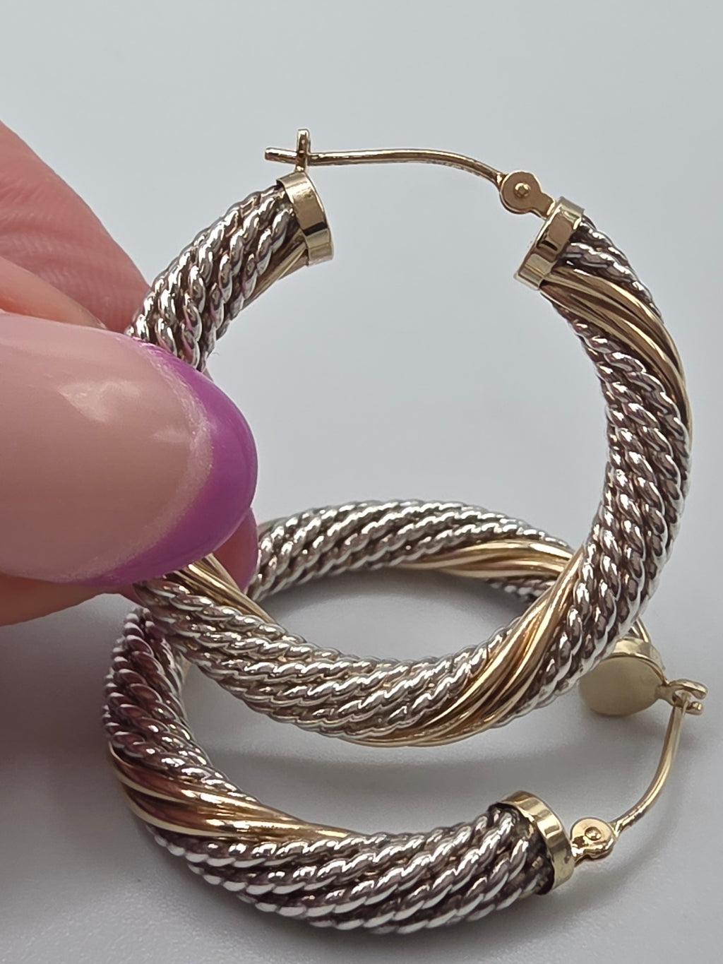 925 Sterling Silver Twisted Rope Hoop Earrings Solid 14K Yellow Gold Accents