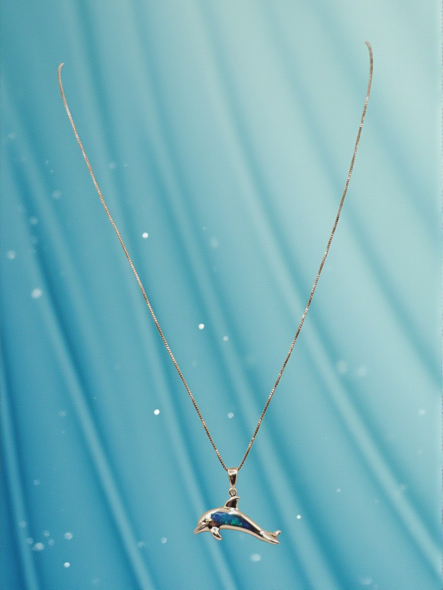 Solid 14K Yellow Gold Necklace with Opal Dolphin Pendant 17 Inches