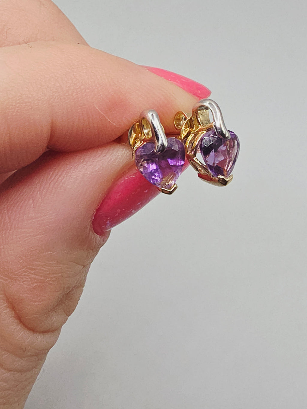 Solid 10 Two-Tone Gold Stud Earrings with Heart-Cut Amethyst